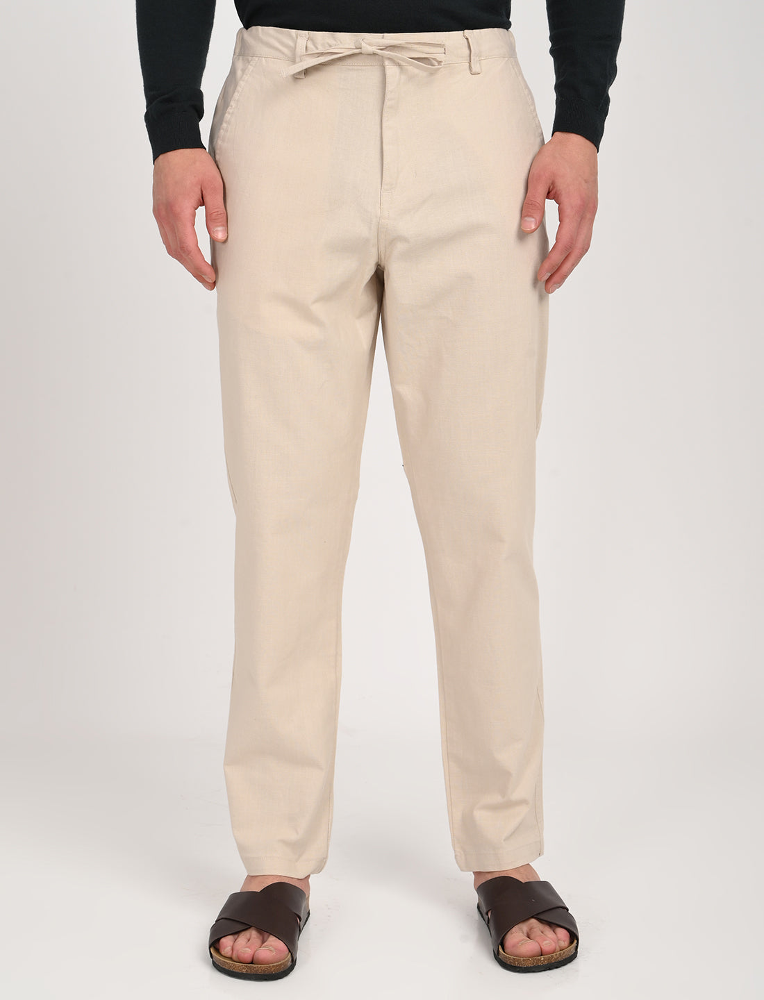 Men's Nova Cream Linen Blend Trouser, perfect for casual wear and lounging, featuring a comfortable regular fit.