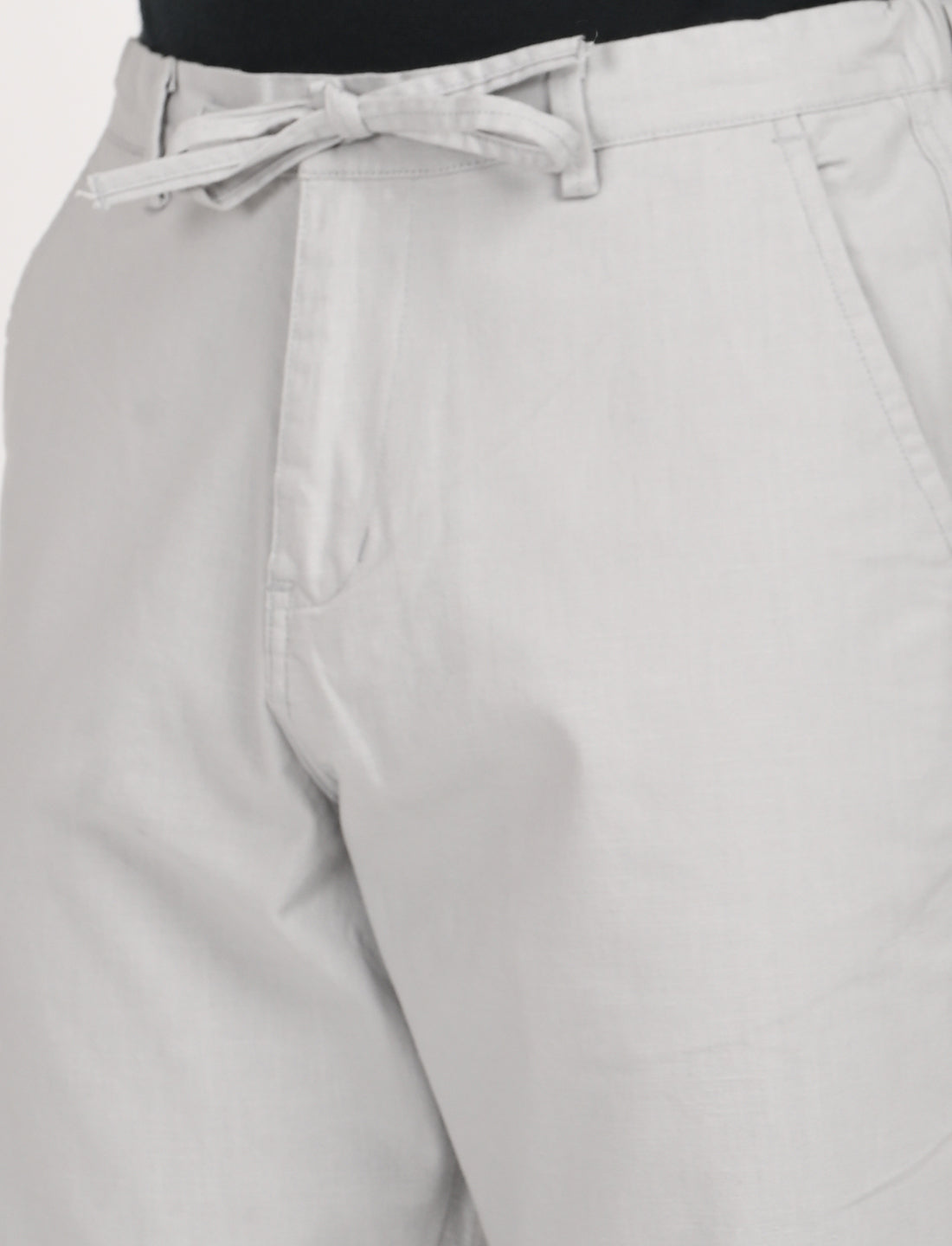Close-up of Nova Light Grey Linen Blend Trouser showcasing relaxed fit and adjustable drawstring waist.