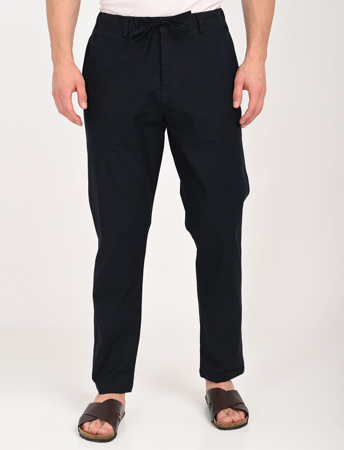 Men's navy blue linen blend trousers for casual, college, and street wear, featuring a comfortable regular fit.