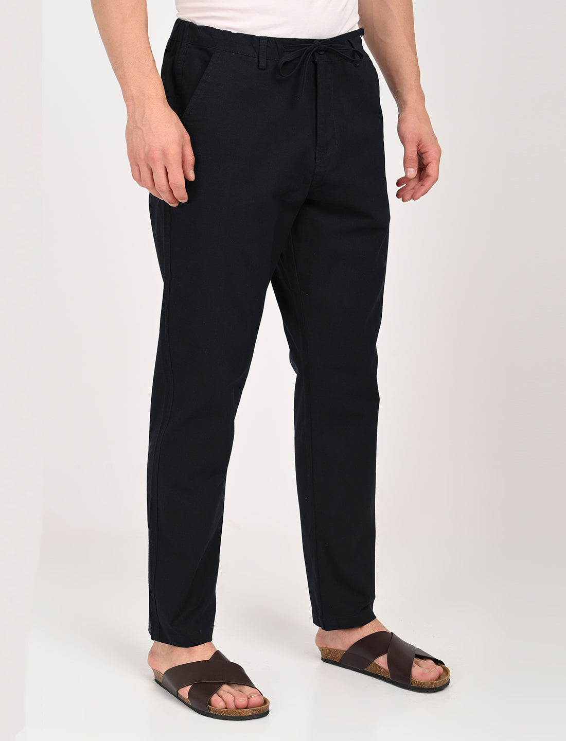 Men's navy blue linen blend trousers with drawstring waist, ideal for casual and comfortable wear.