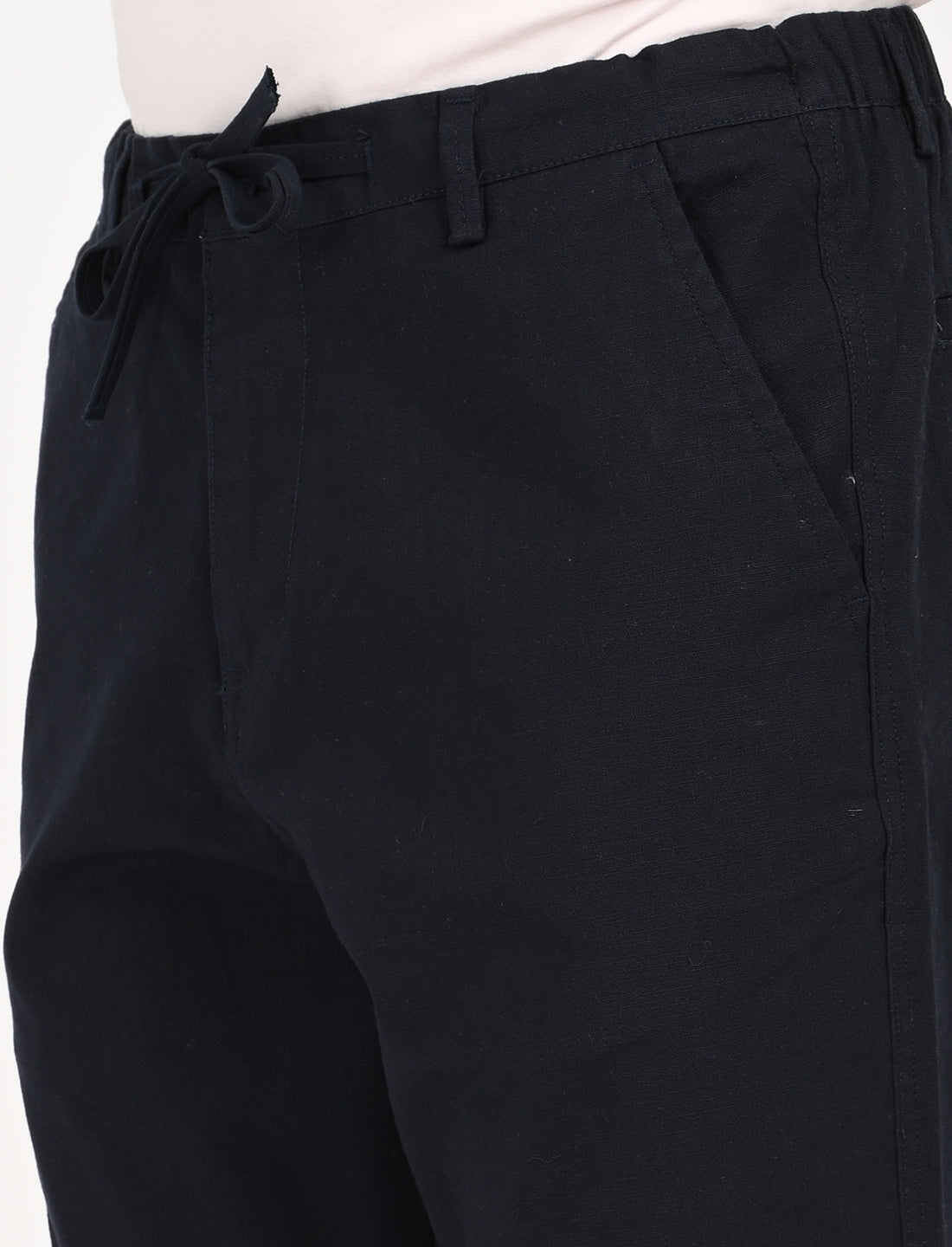 Close-up of Nova Navy Blue Linen Blend Trouser showcasing fabric texture and adjustable waistband, ideal for casual wear.