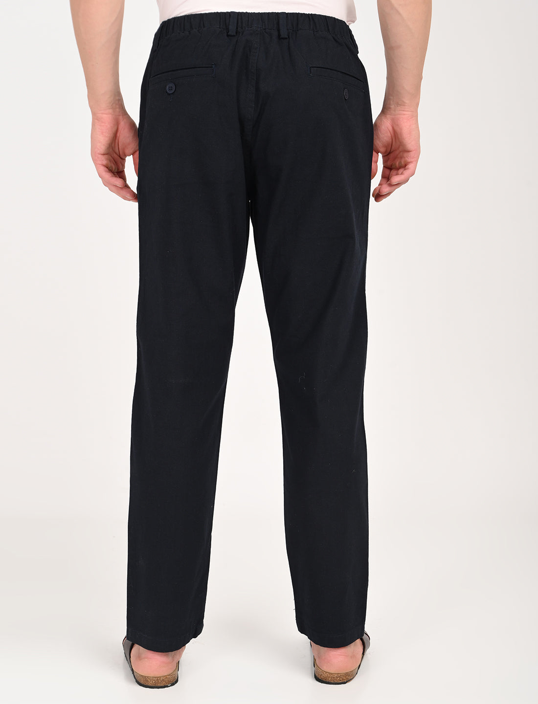 Back view of Nova Navy Blue Linen Blend Trouser, ideal for casual wear and comfortable styling.
