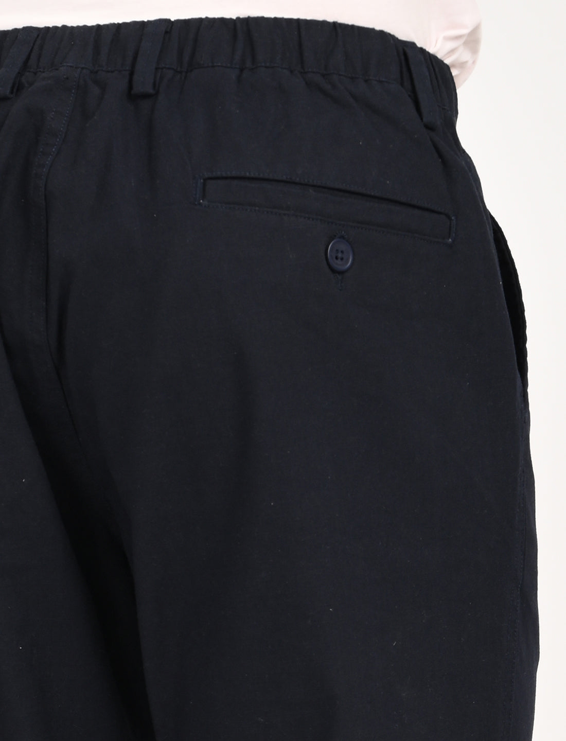 Nova Navy Blue Linen Blend Trouser back pocket detail with button, perfect for casual and streetwear styling.