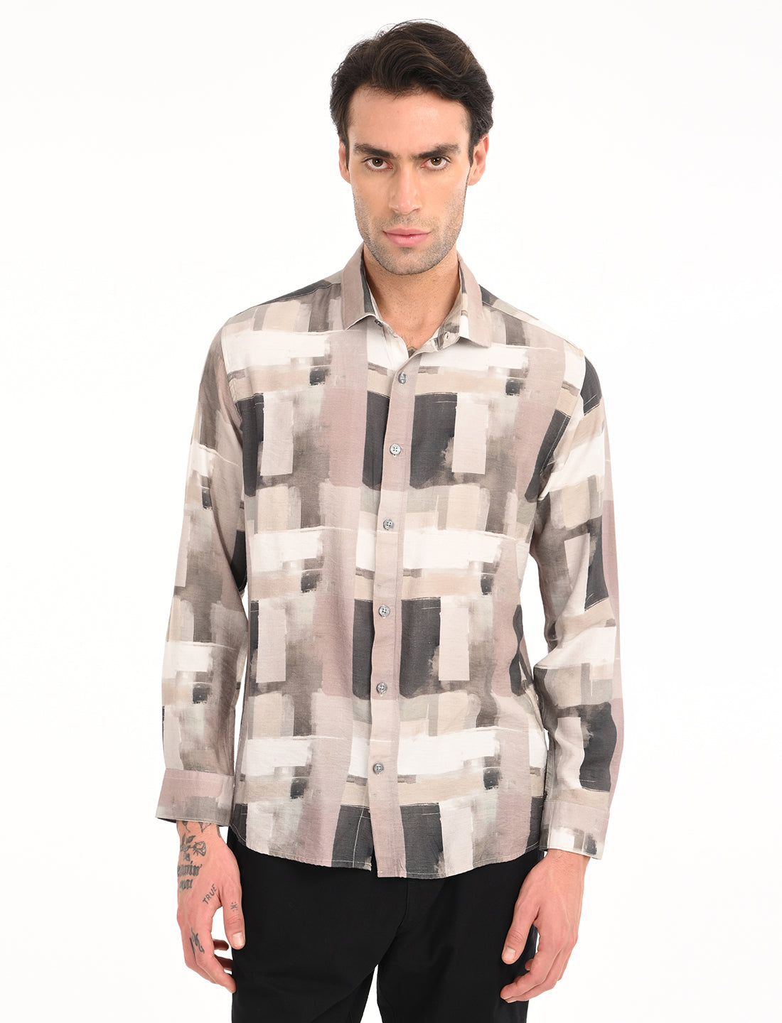 Beige Printed Tailored Fit Shirt