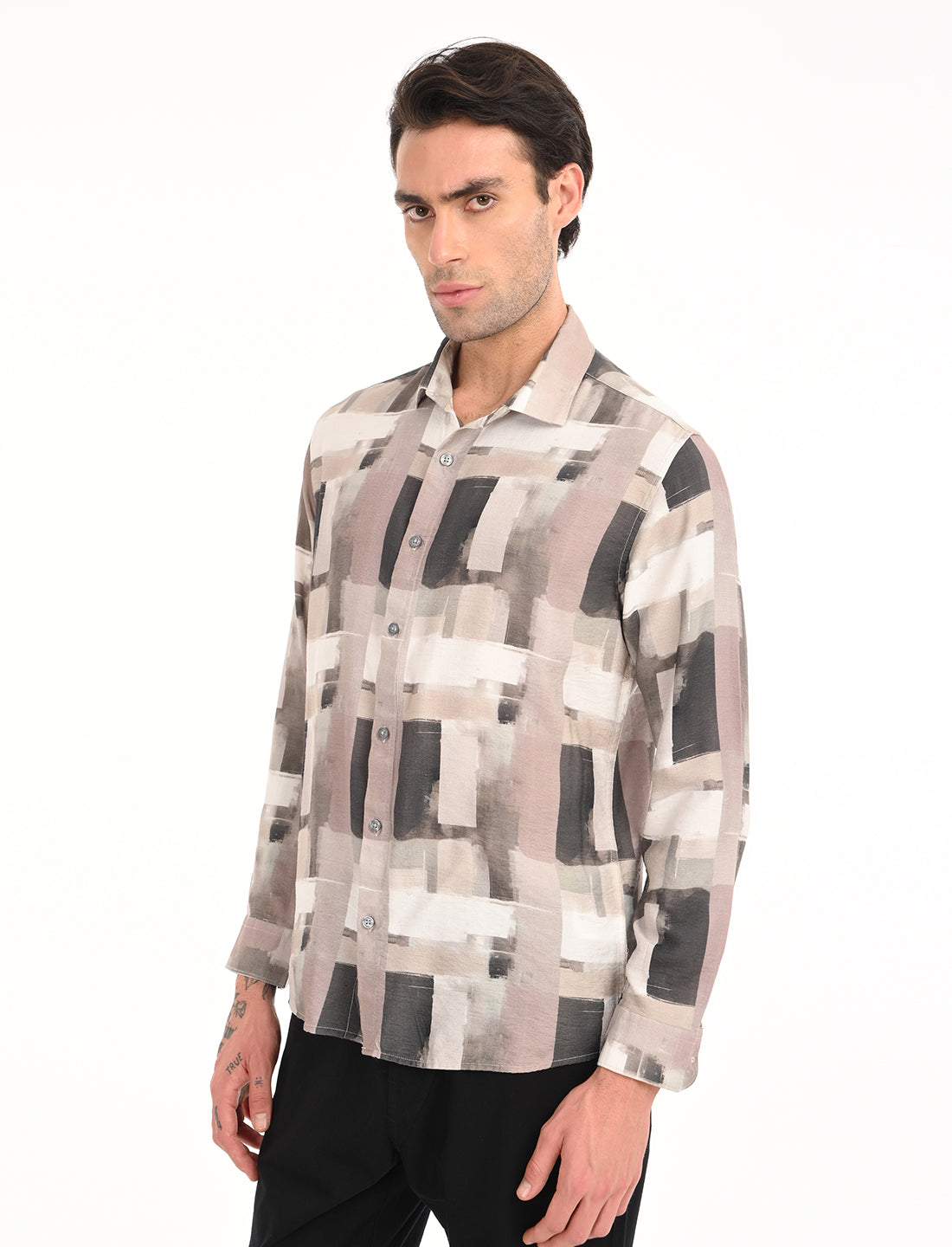 Beige Printed Tailored Fit Shirt