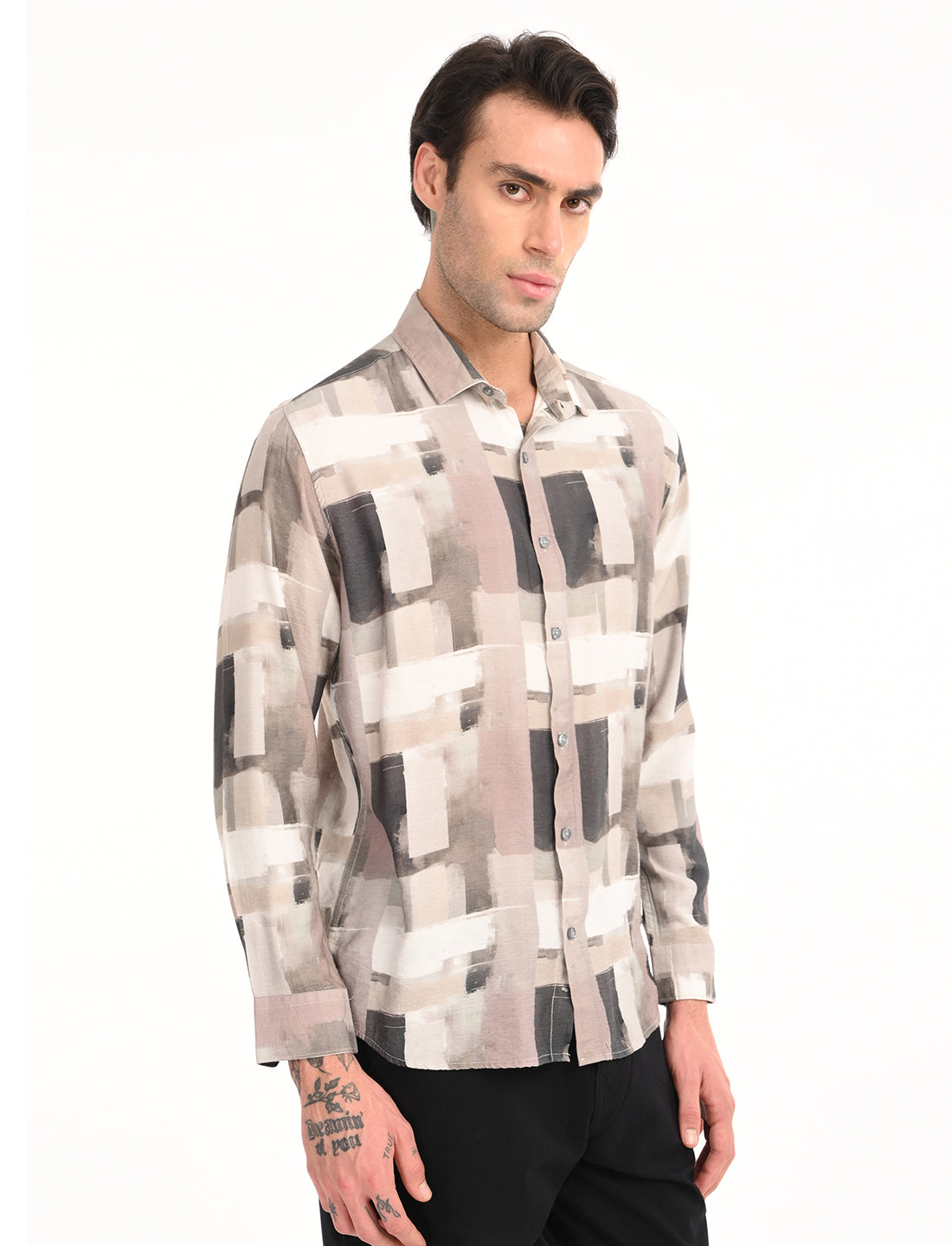Beige Printed Tailored Fit Shirt