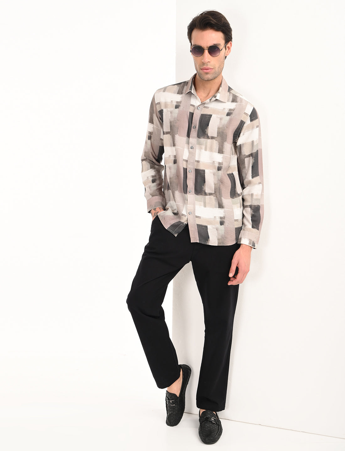 Beige Printed Tailored Fit Shirt