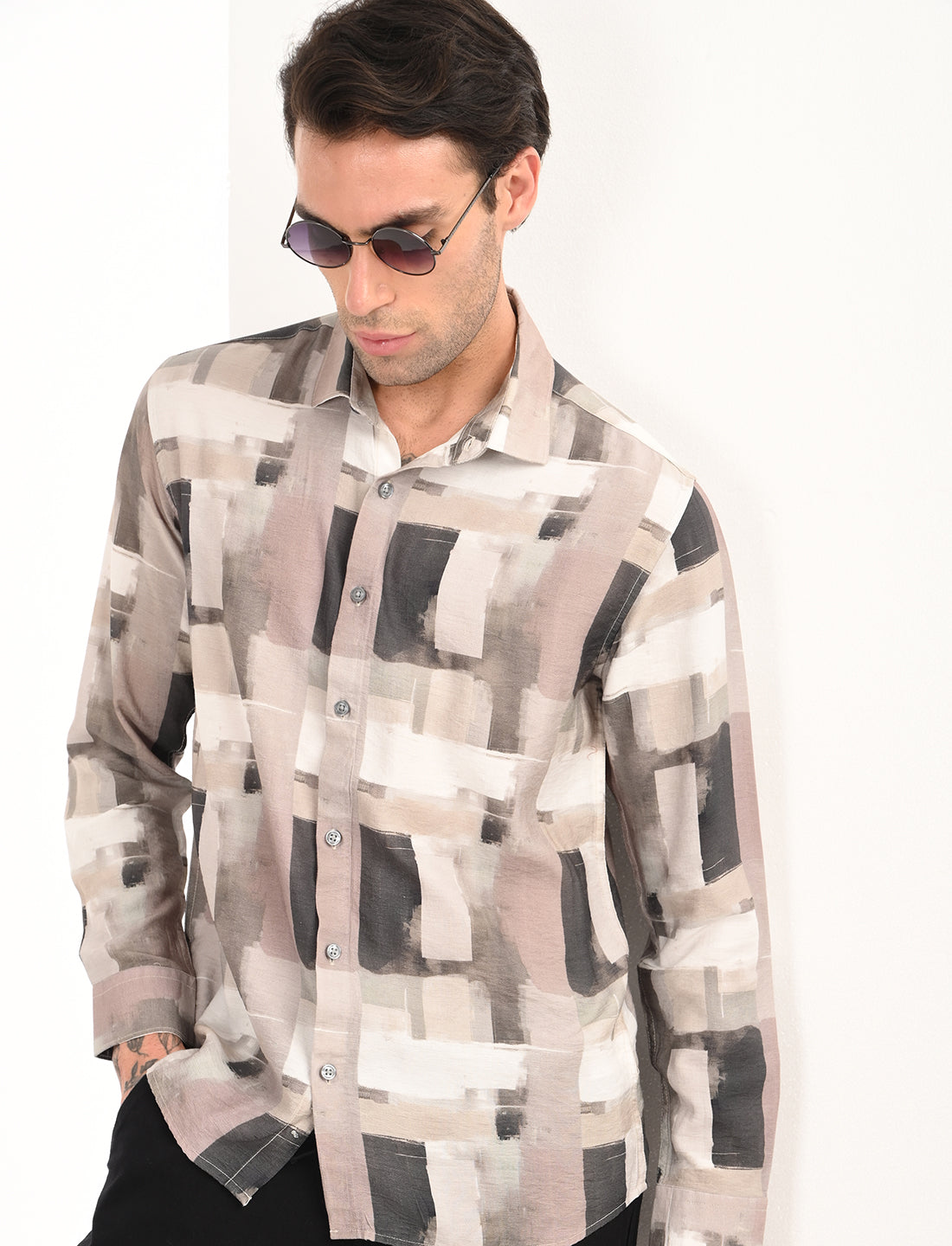 Beige Printed Tailored Fit Shirt