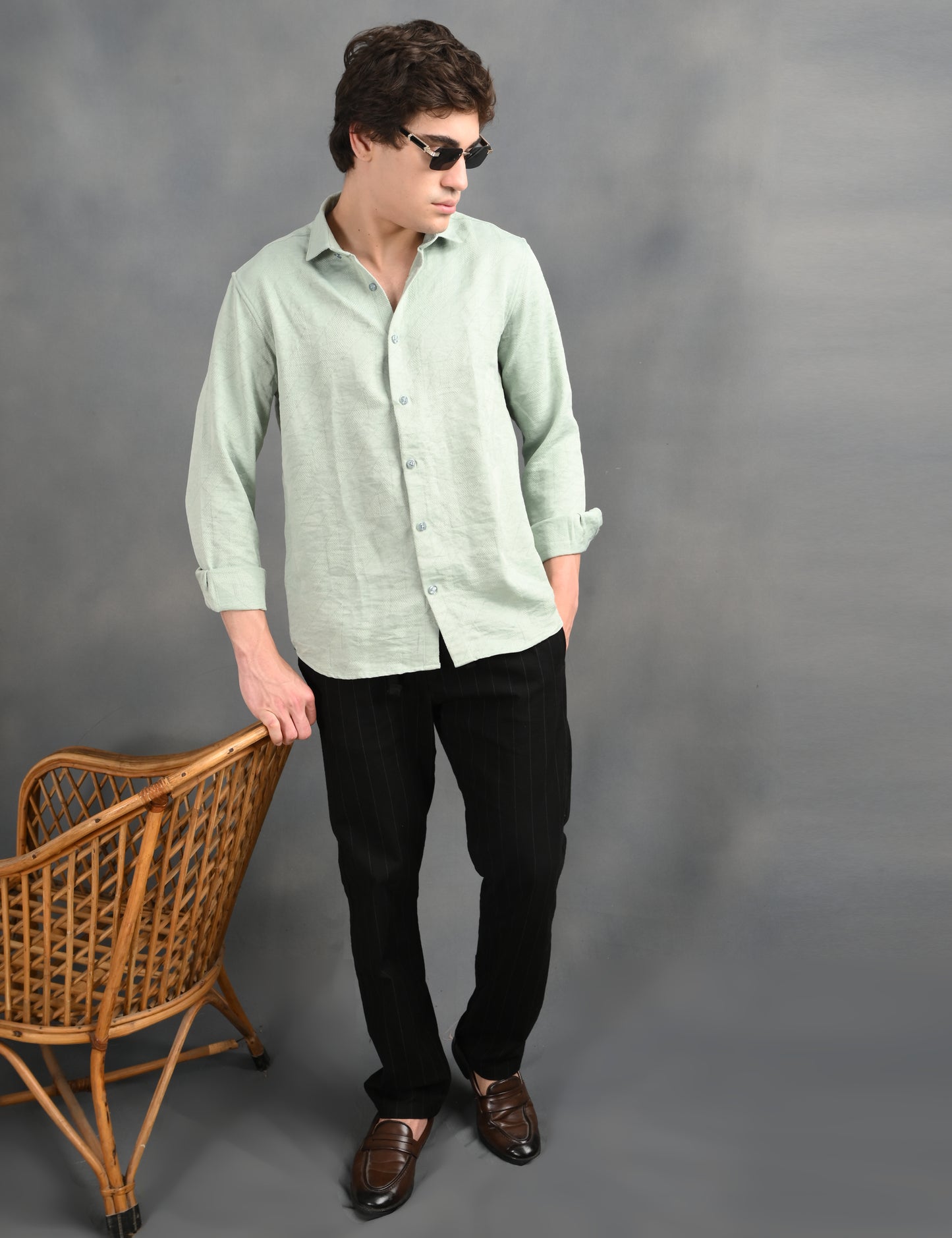 Berit Light Green Textured Jacquard Shirt