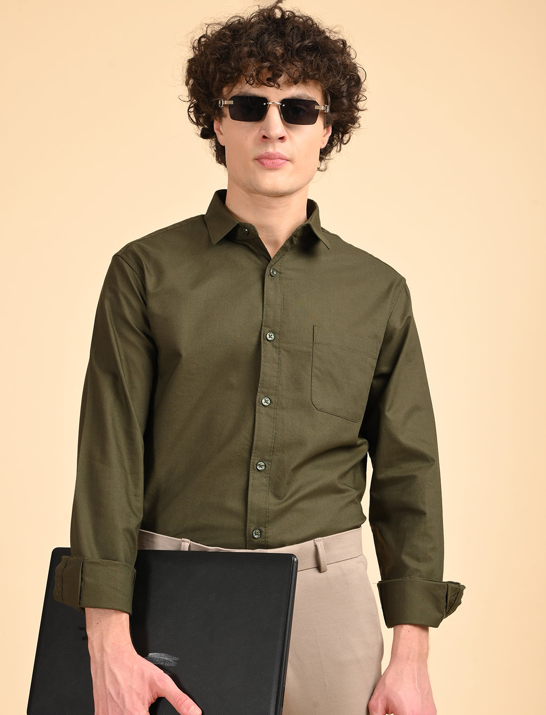Olive Green Solid Oxford Shirt