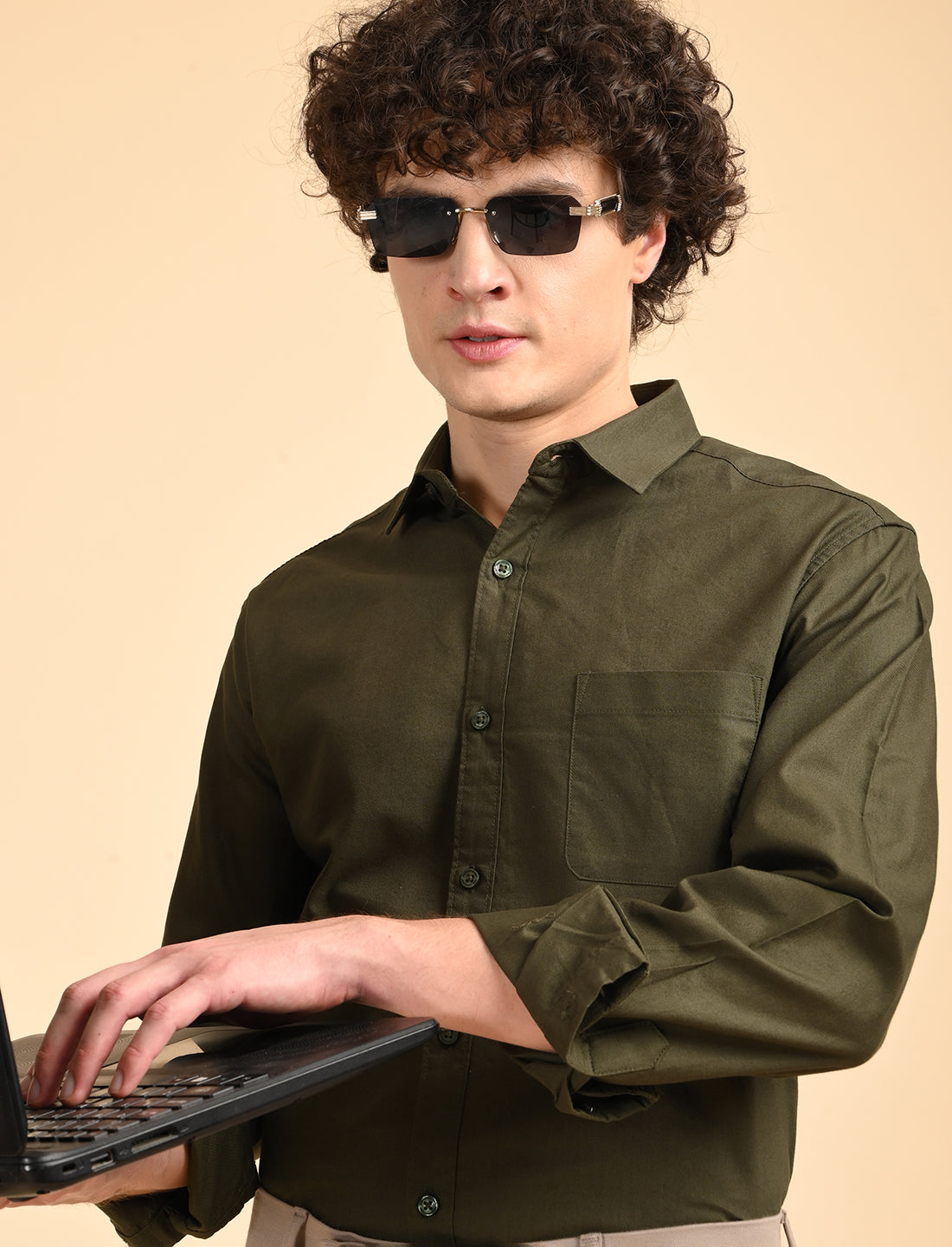 Olive Green Solid Oxford Shirt