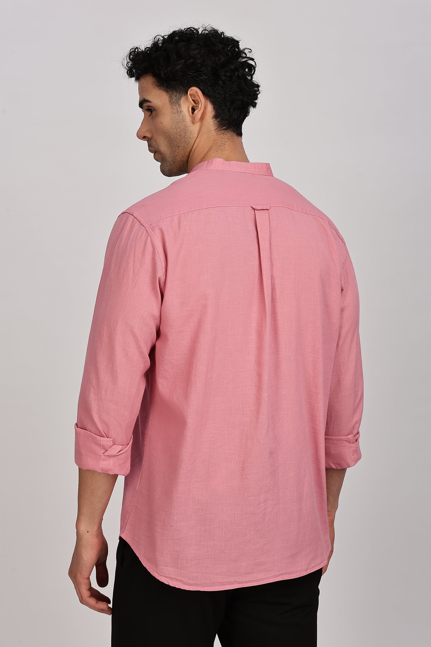 Pink Mandarin Collar Linen Shirt