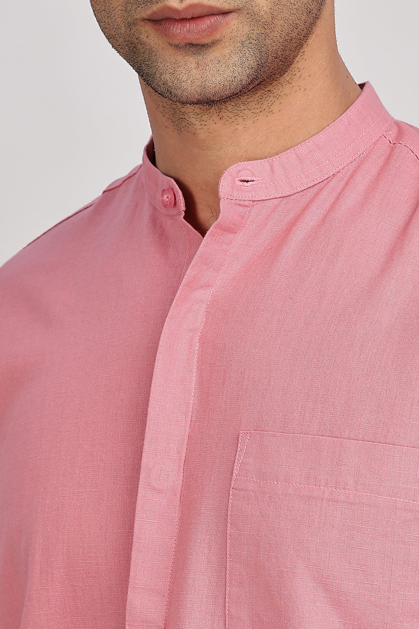 Pink Mandarin Collar Linen Shirt