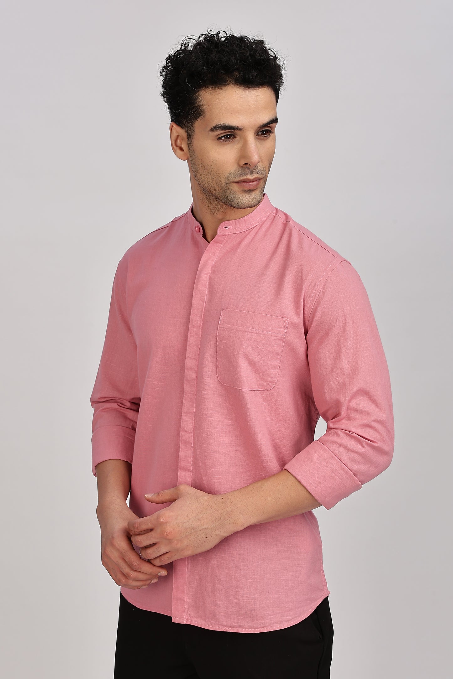 Pink Mandarin Collar Linen Shirt