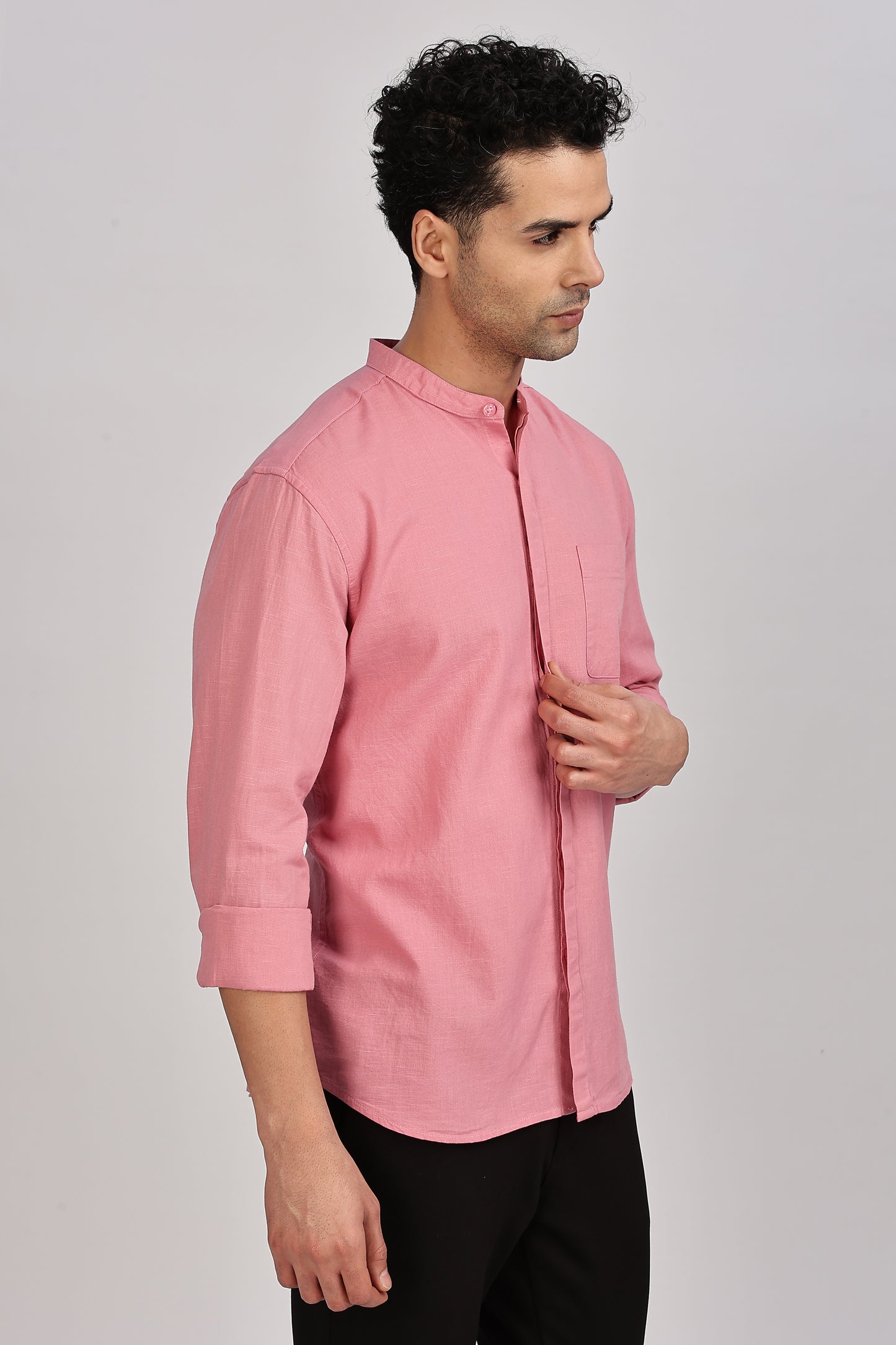 Pink Mandarin Collar Linen Shirt