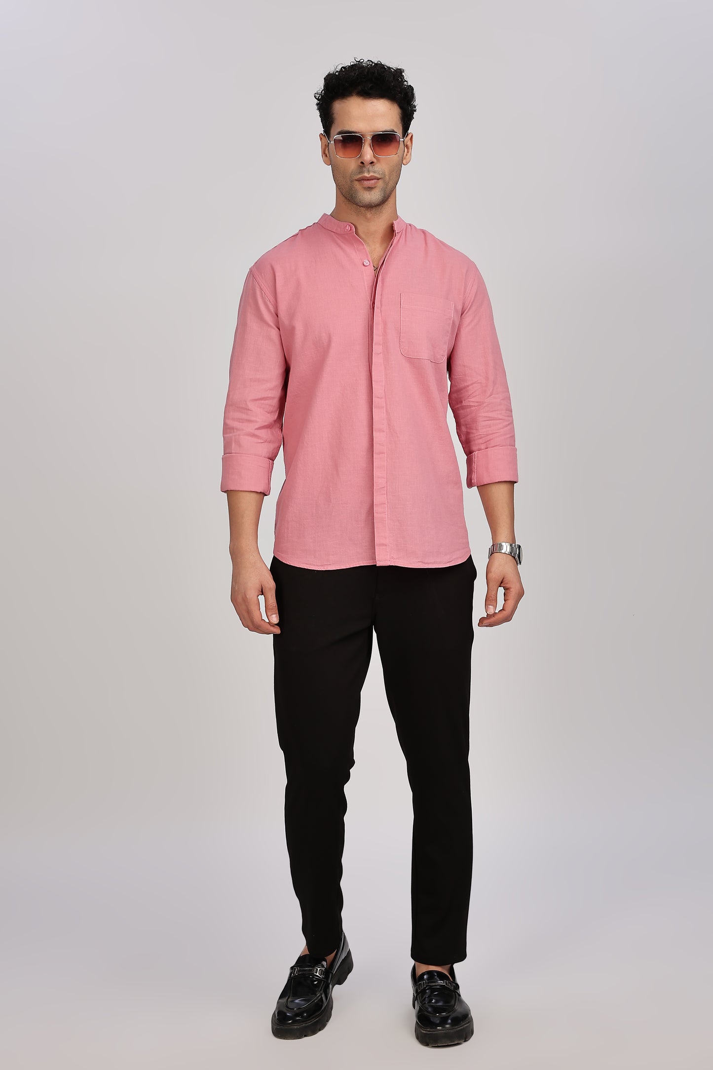 Pink Mandarin Collar Linen Shirt