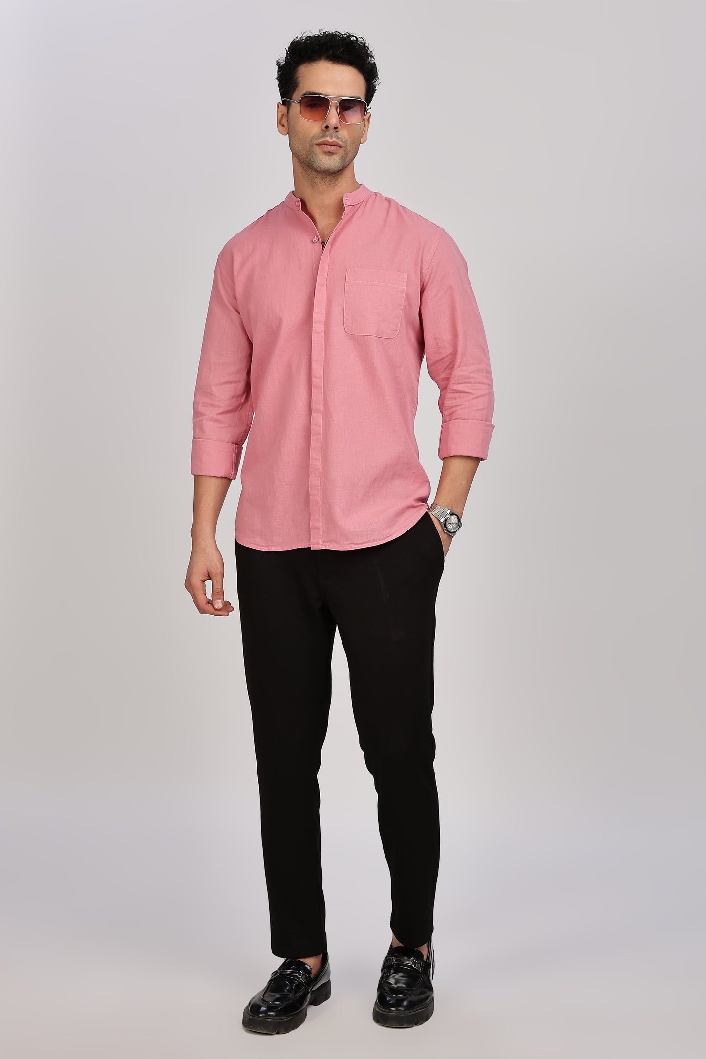 Pink Mandarin Collar Linen Shirt