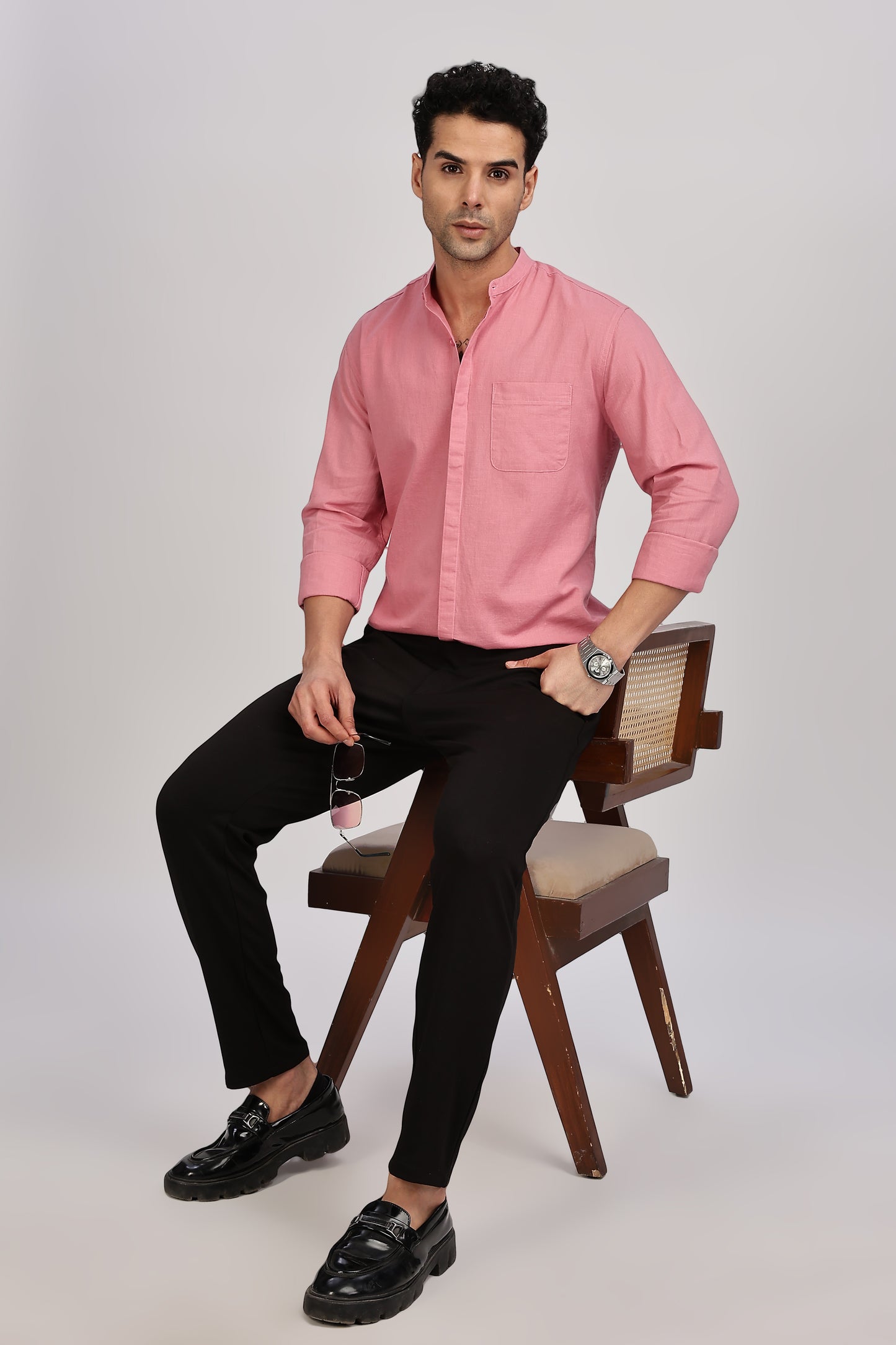 Pink Mandarin Collar Linen Shirt