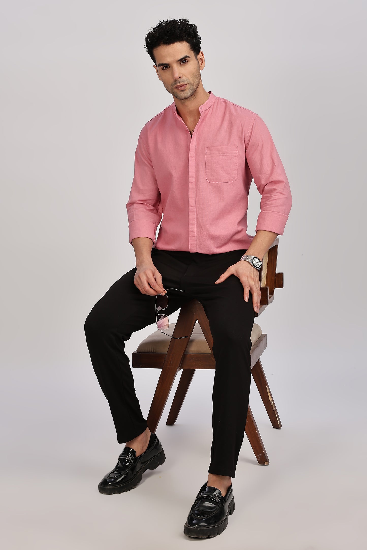 Pink Mandarin Collar Linen Shirt