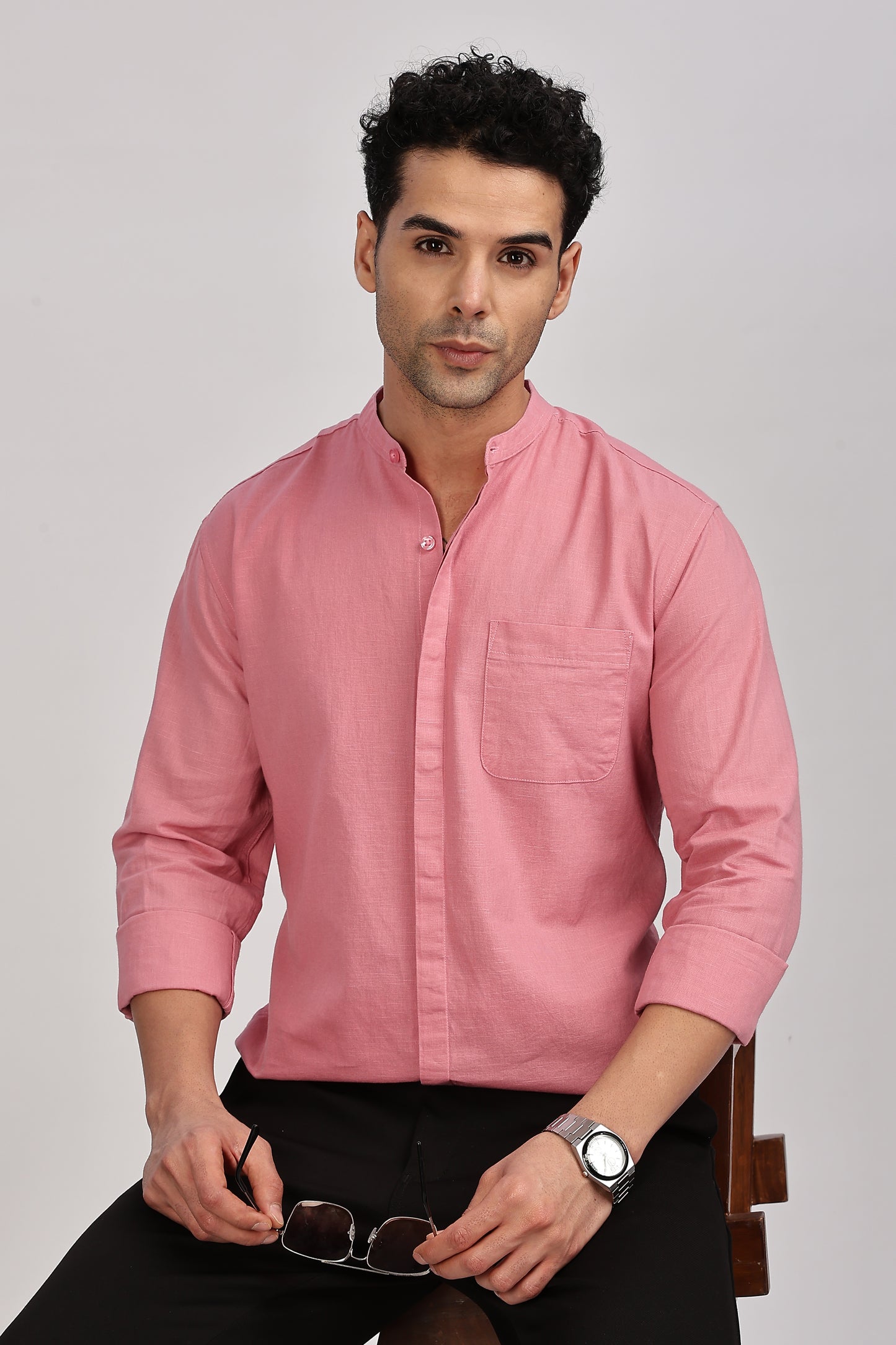 Pink Mandarin Collar Linen Shirt
