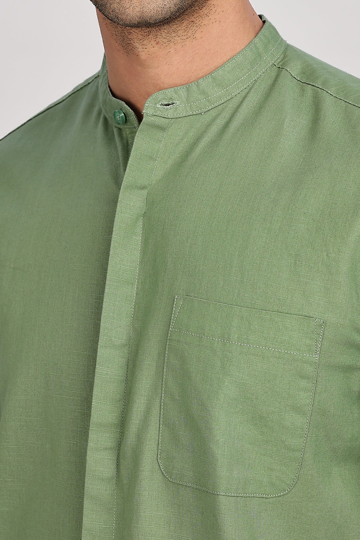 Olive Mandarin Collar Linen Shirt