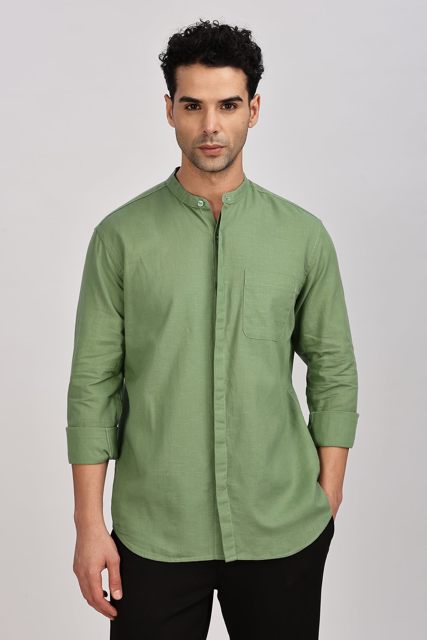 Olive Mandarin Collar Linen Shirt