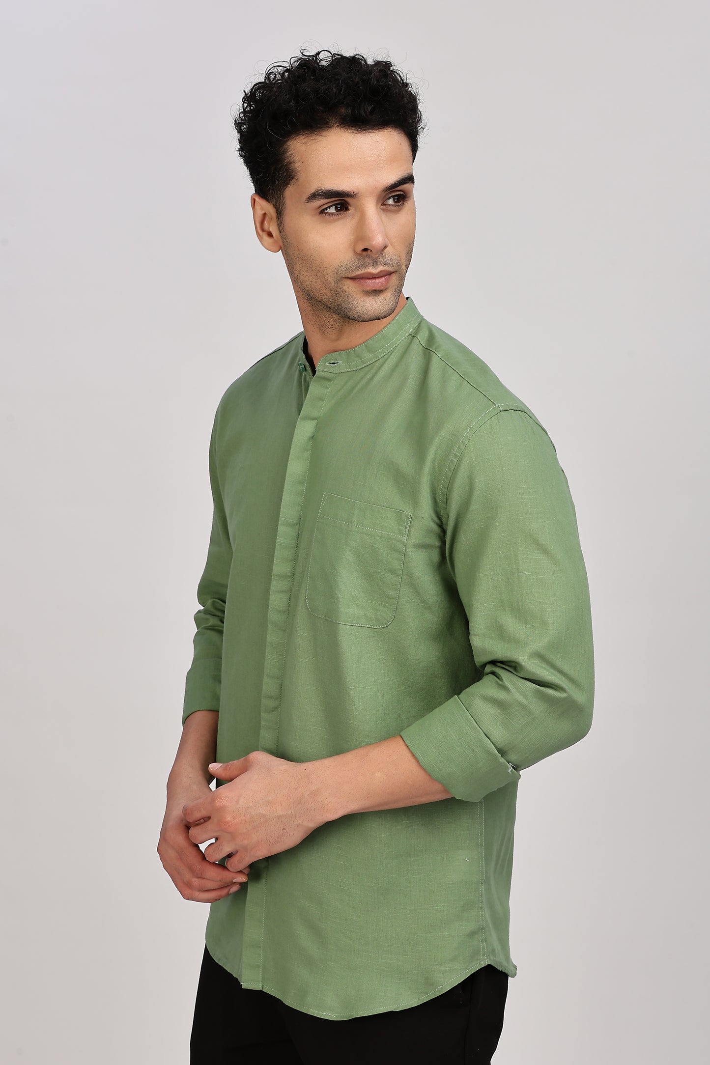 Olive Mandarin Collar Linen Shirt
