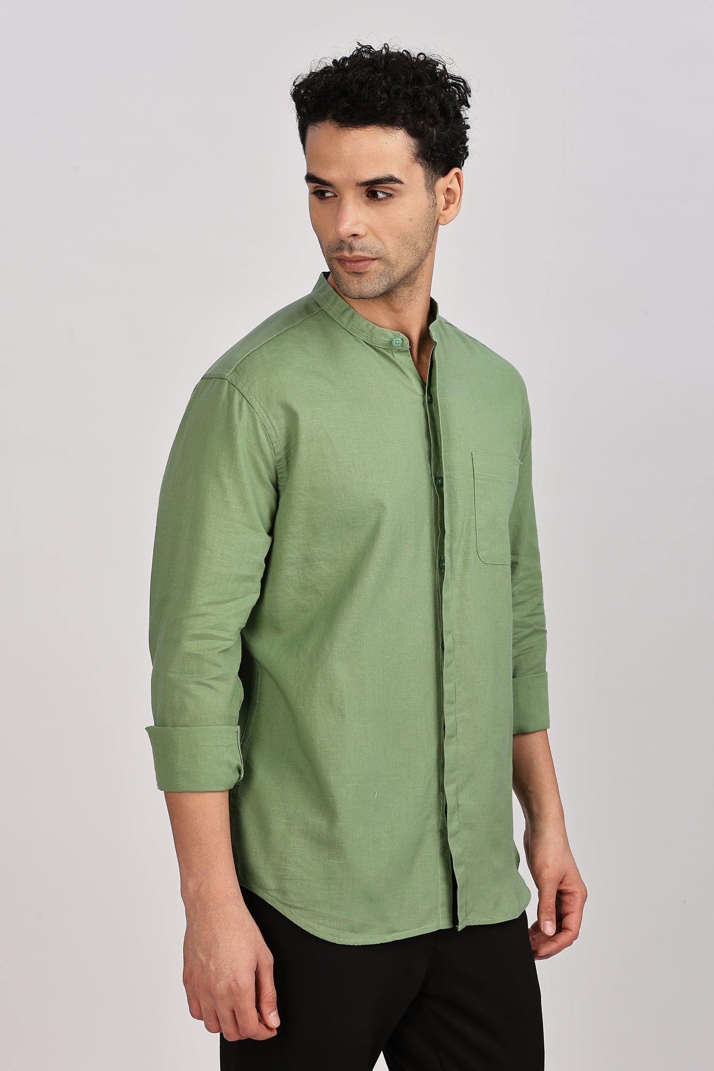 Olive Mandarin Collar Linen Shirt