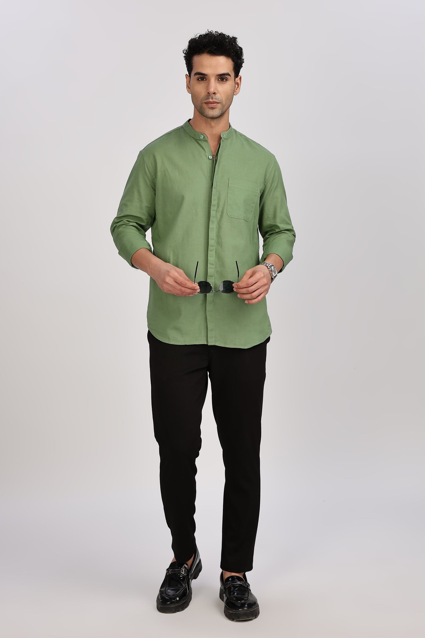 Olive Mandarin Collar Linen Shirt