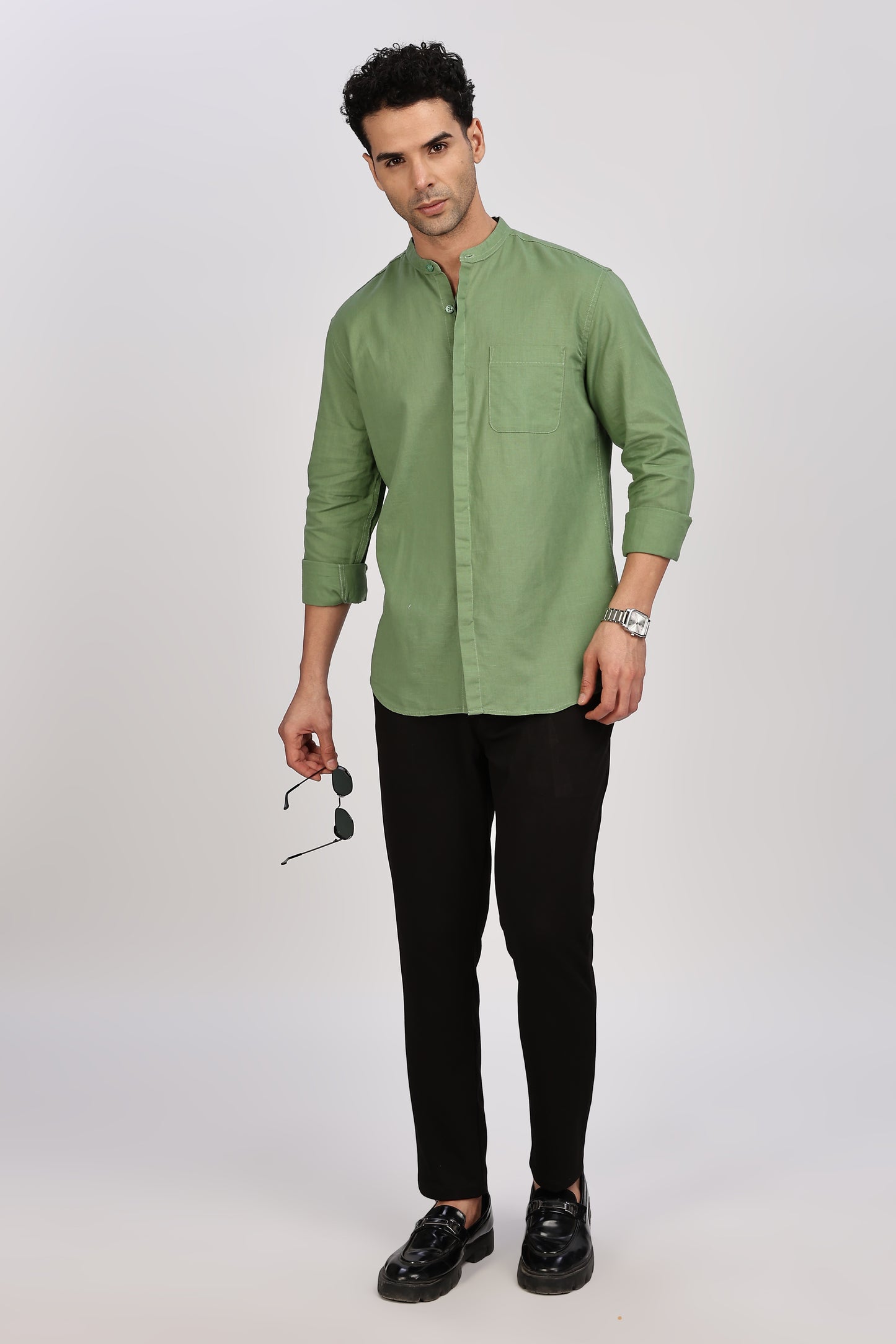 Olive Mandarin Collar Linen Shirt