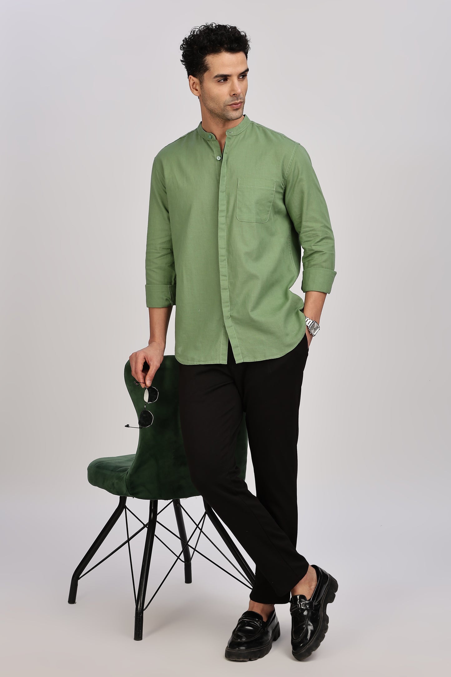 Olive Mandarin Collar Linen Shirt