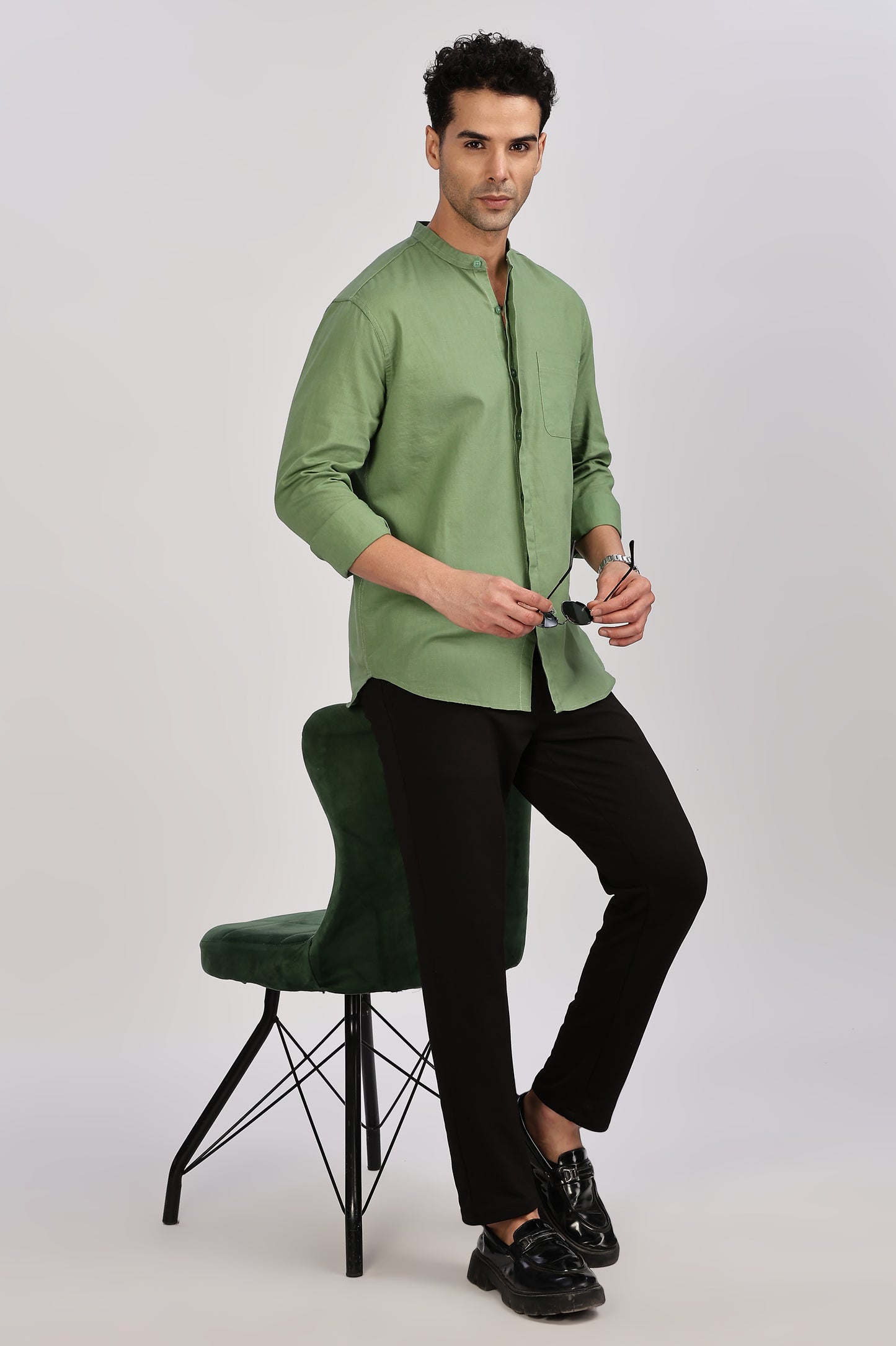 Olive Mandarin Collar Linen Shirt