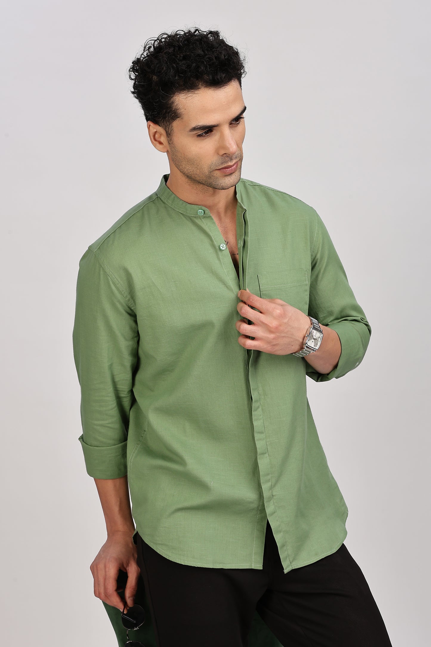Olive Mandarin Collar Linen Shirt
