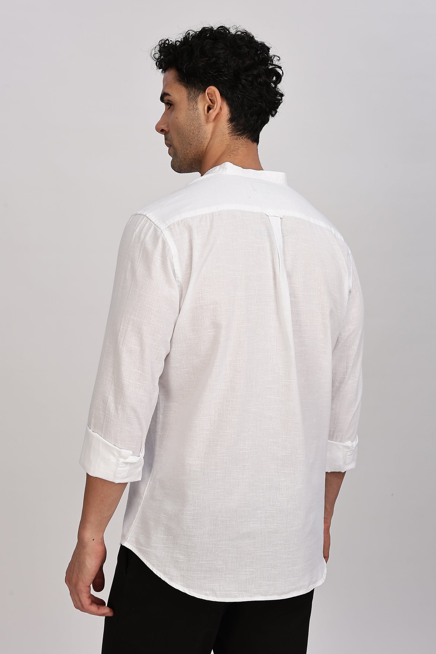 White Mandarin Collar Linen Shirt