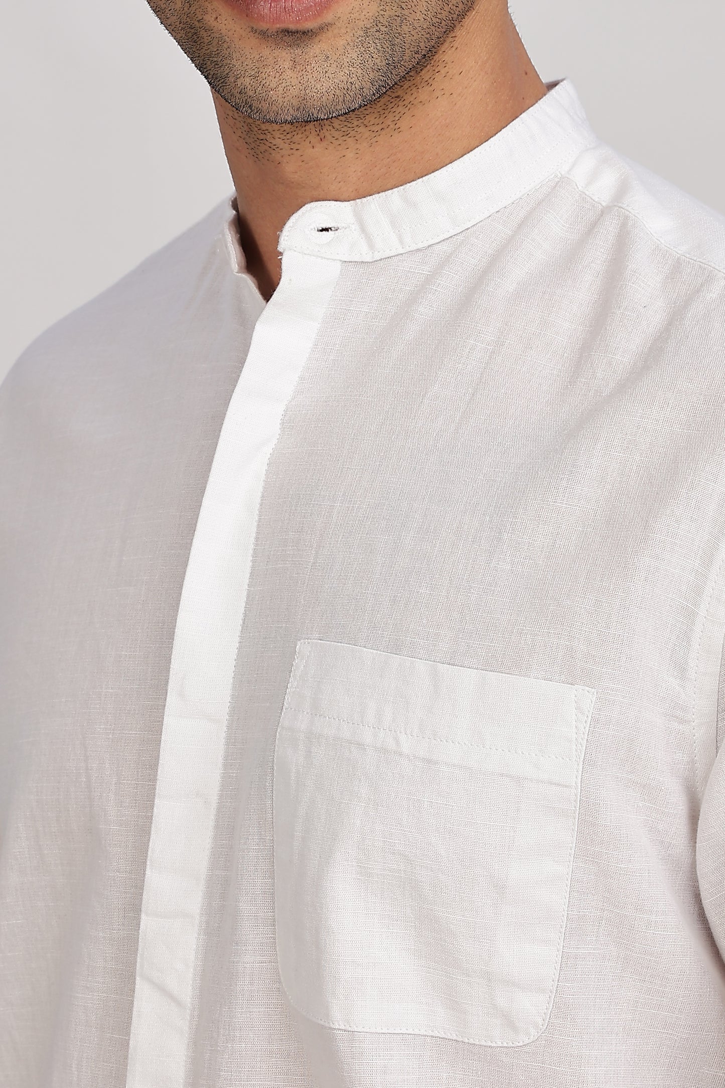 White Mandarin Collar Linen Shirt