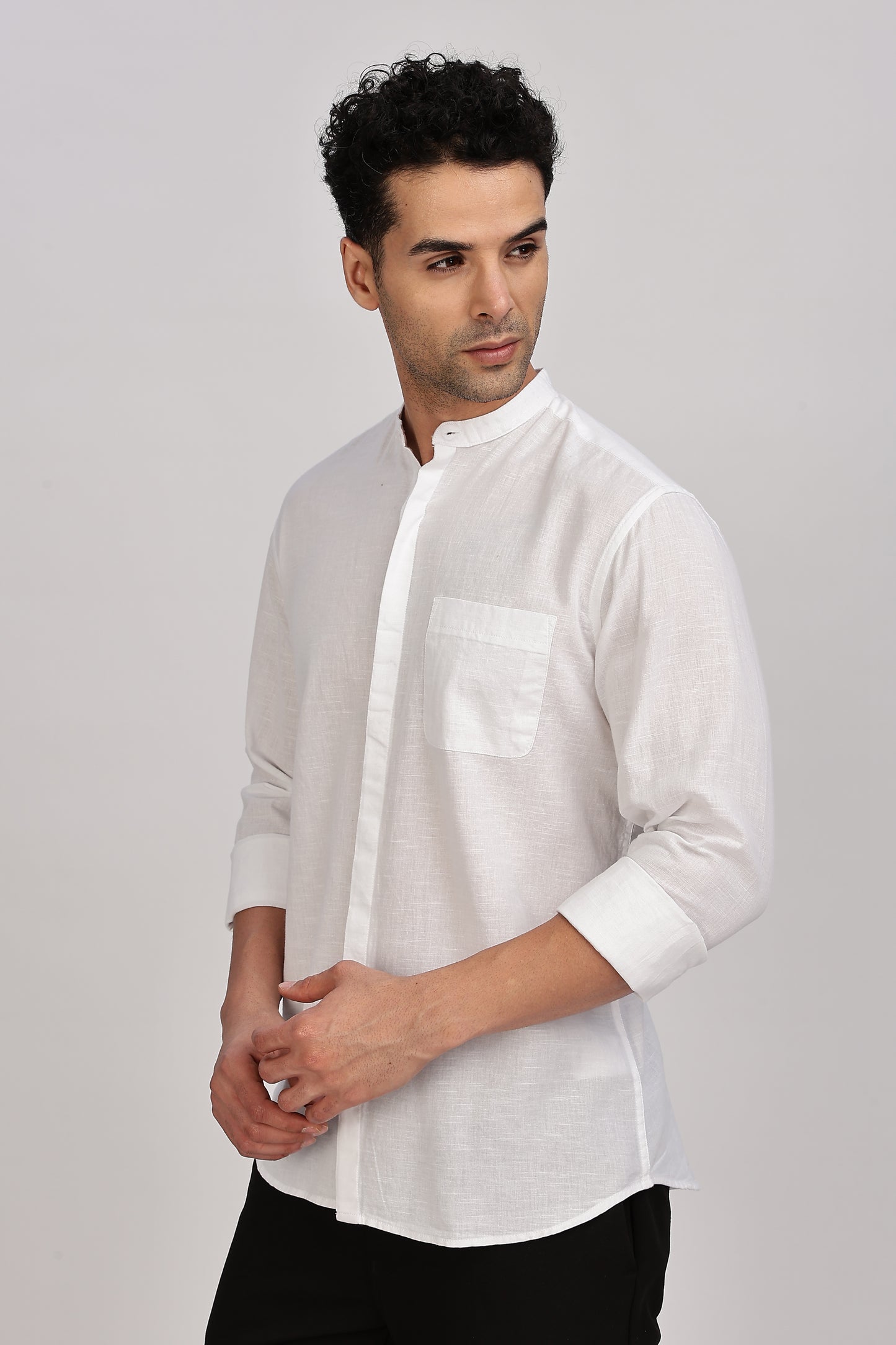 White Mandarin Collar Linen Shirt
