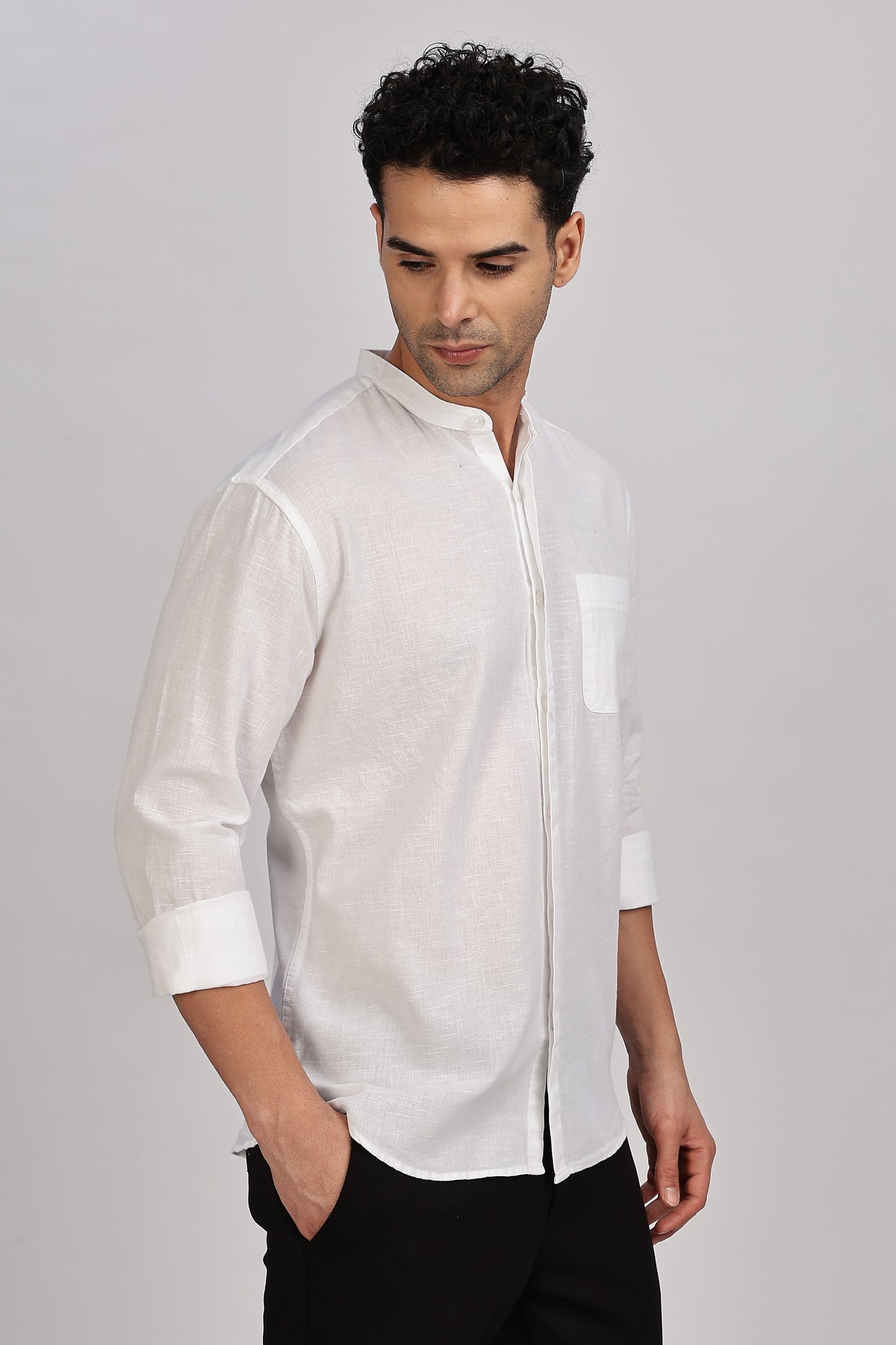 White Mandarin Collar Linen Shirt