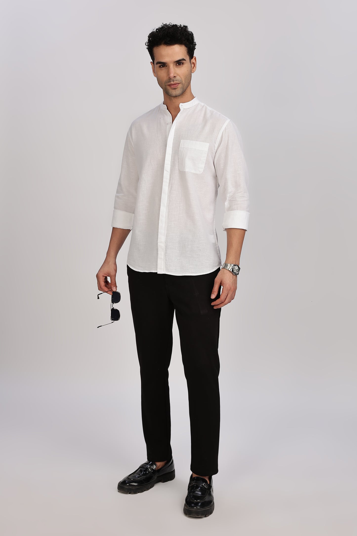 White Mandarin Collar Linen Shirt