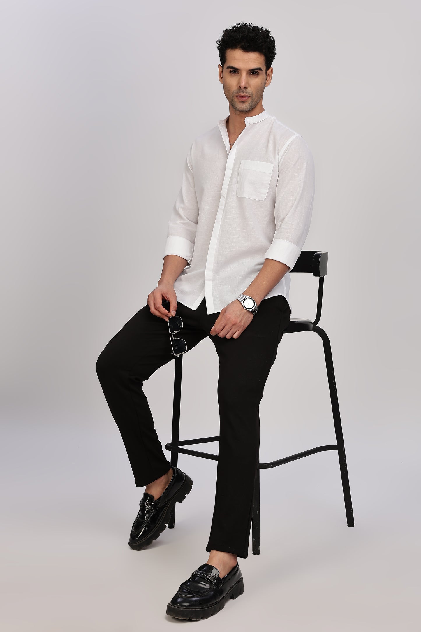 White Mandarin Collar Linen Shirt