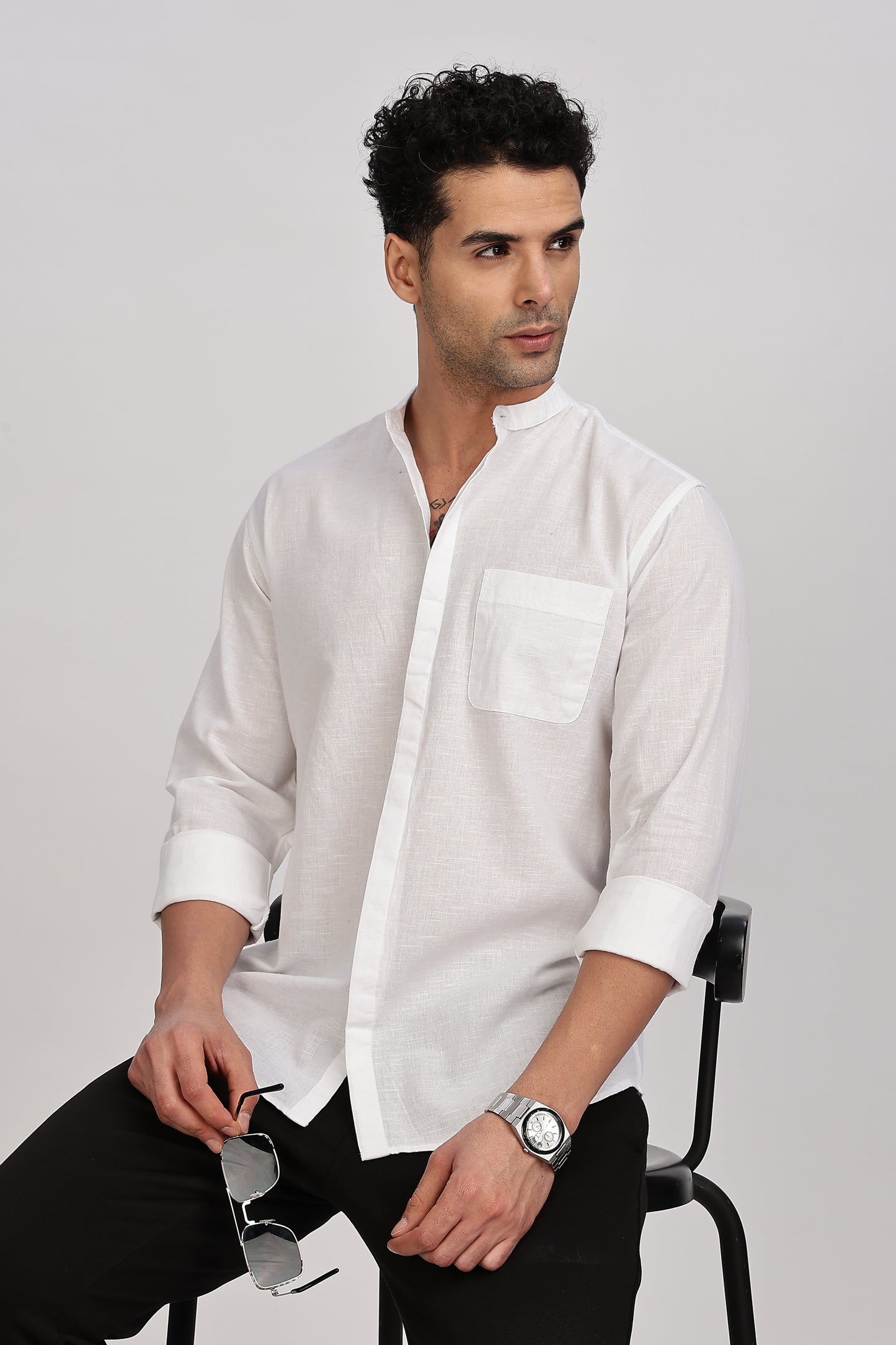 White Mandarin Collar Linen Shirt