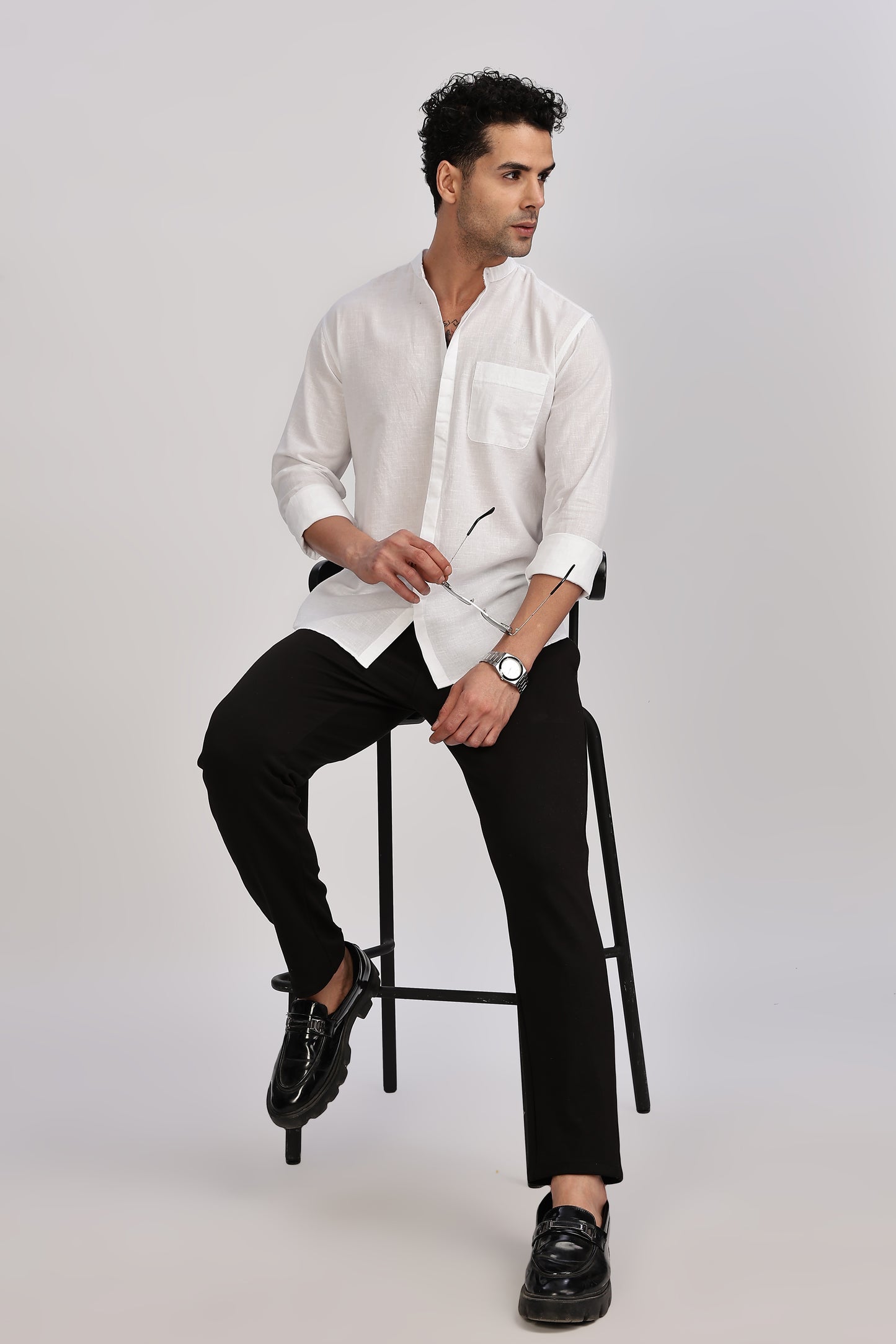 White Mandarin Collar Linen Shirt