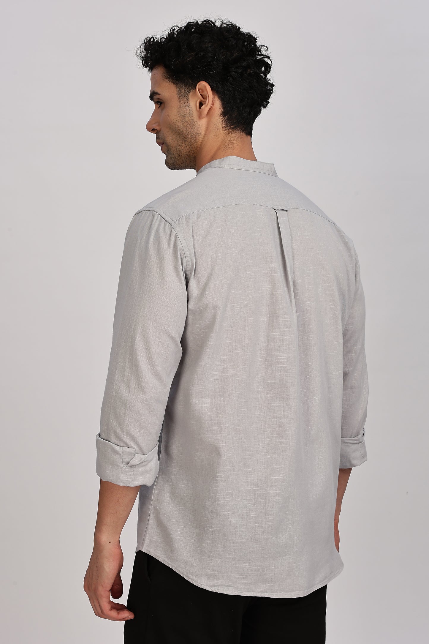 Light Grey Mandarin Collar Linen Shirt