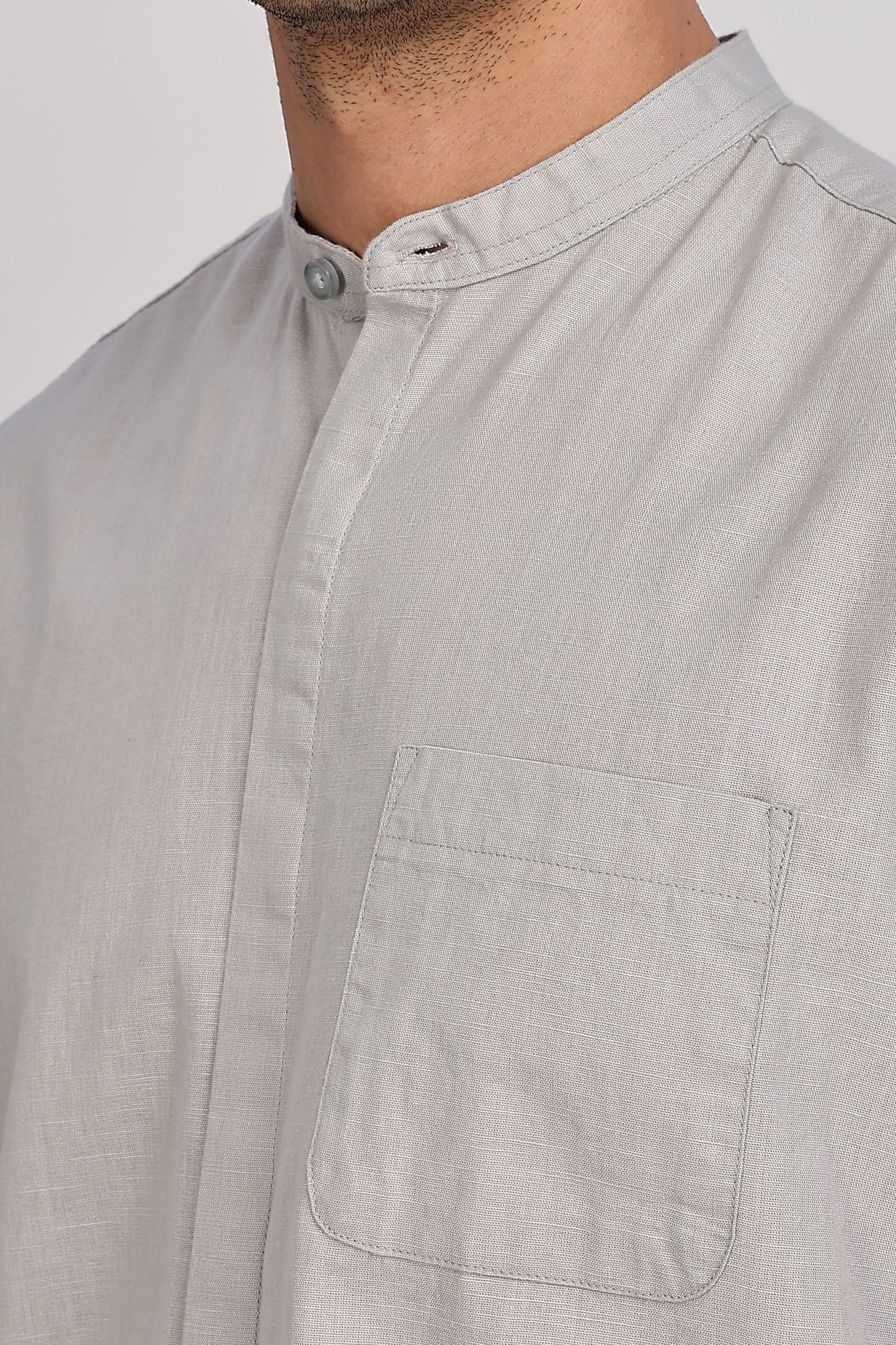 Light Grey Mandarin Collar Linen Shirt