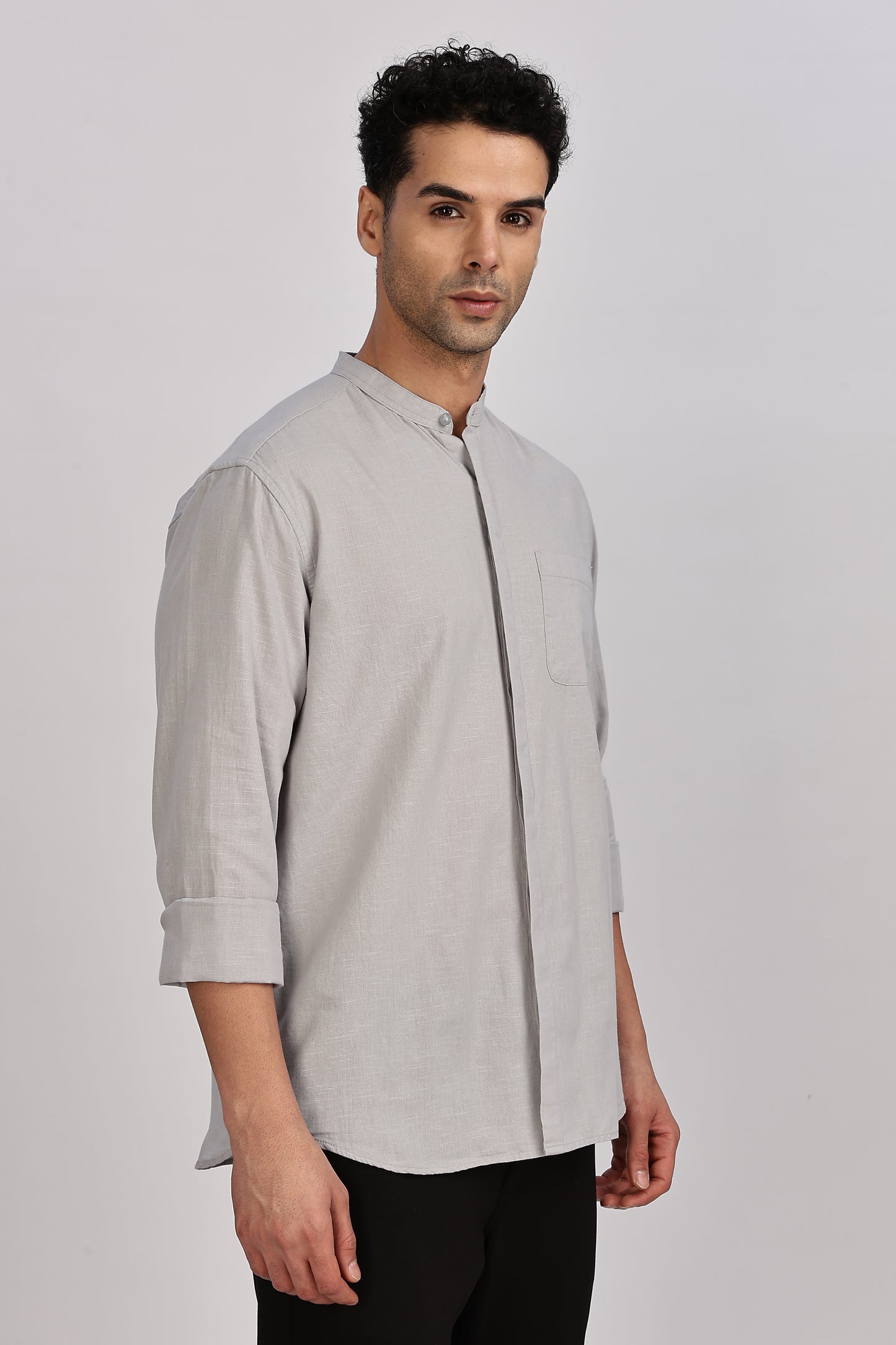 Light Grey Mandarin Collar Linen Shirt