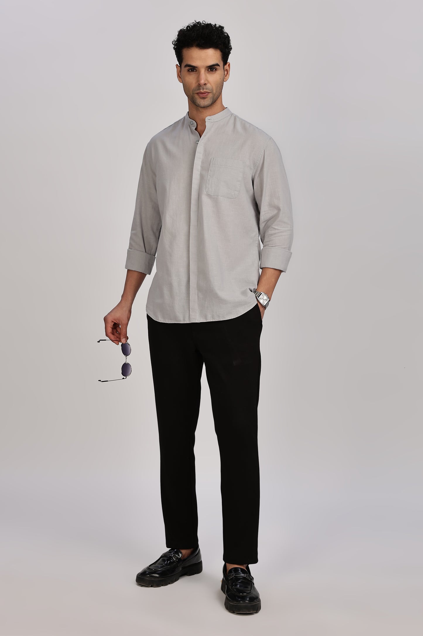 Light Grey Mandarin Collar Linen Shirt