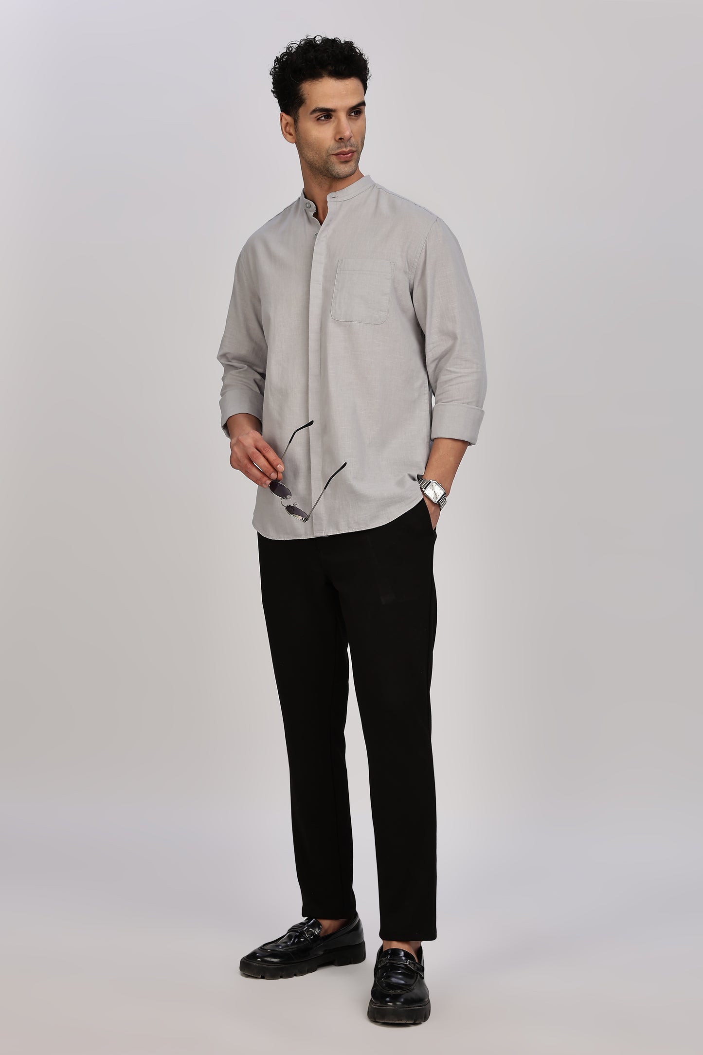 Light Grey Mandarin Collar Linen Shirt