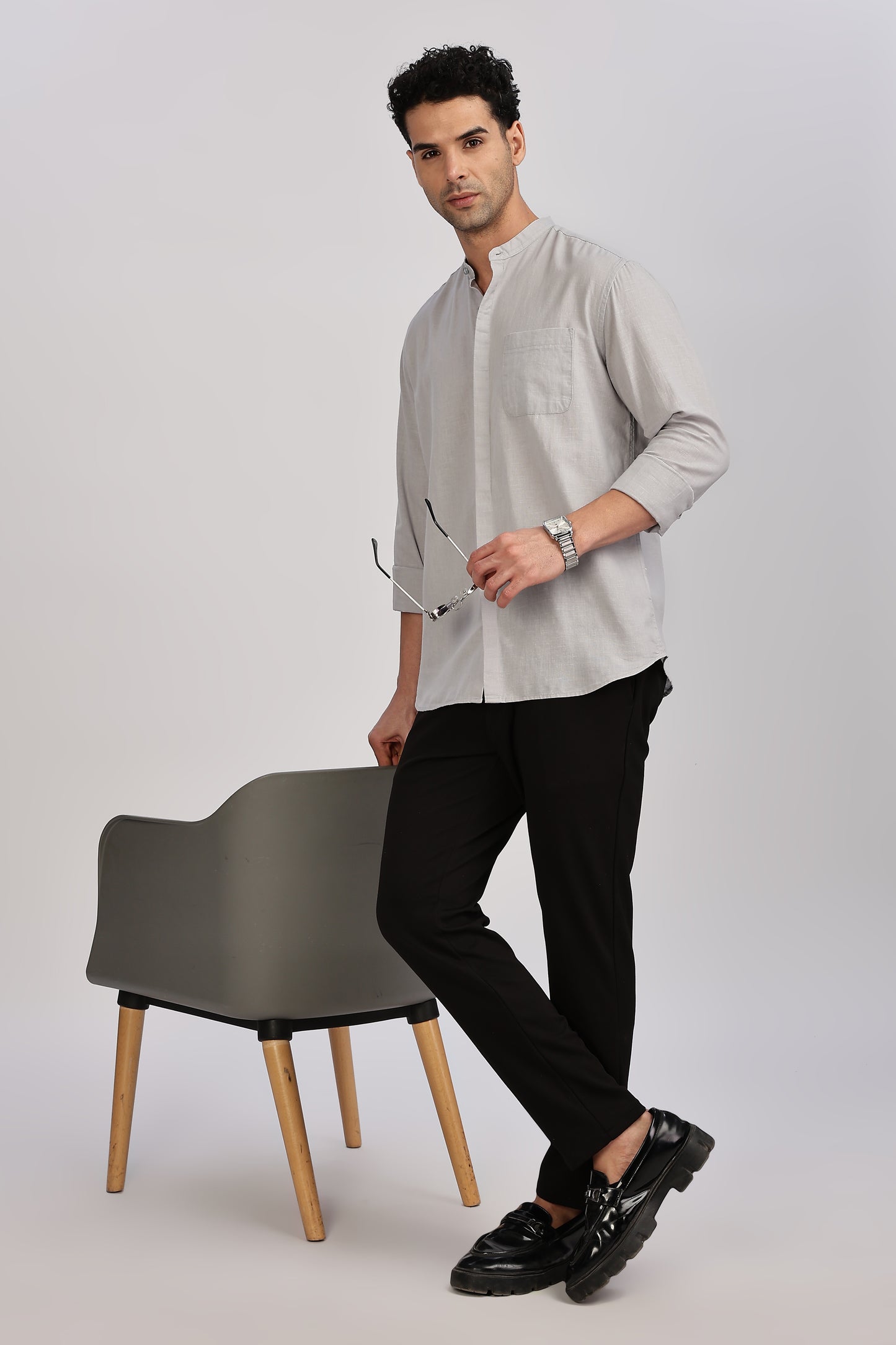 Light Grey Mandarin Collar Linen Shirt