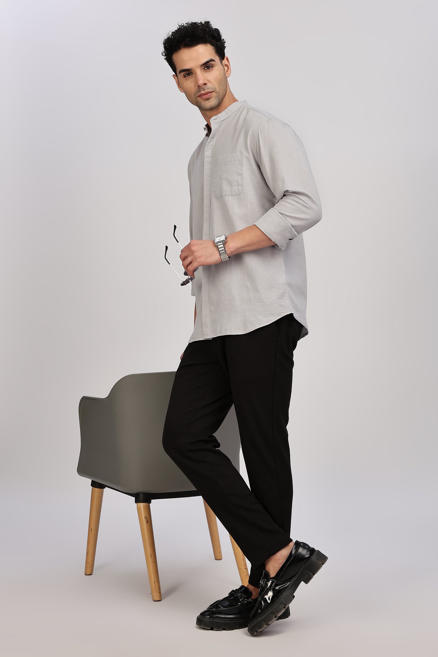 Light Grey Mandarin Collar Linen Shirt