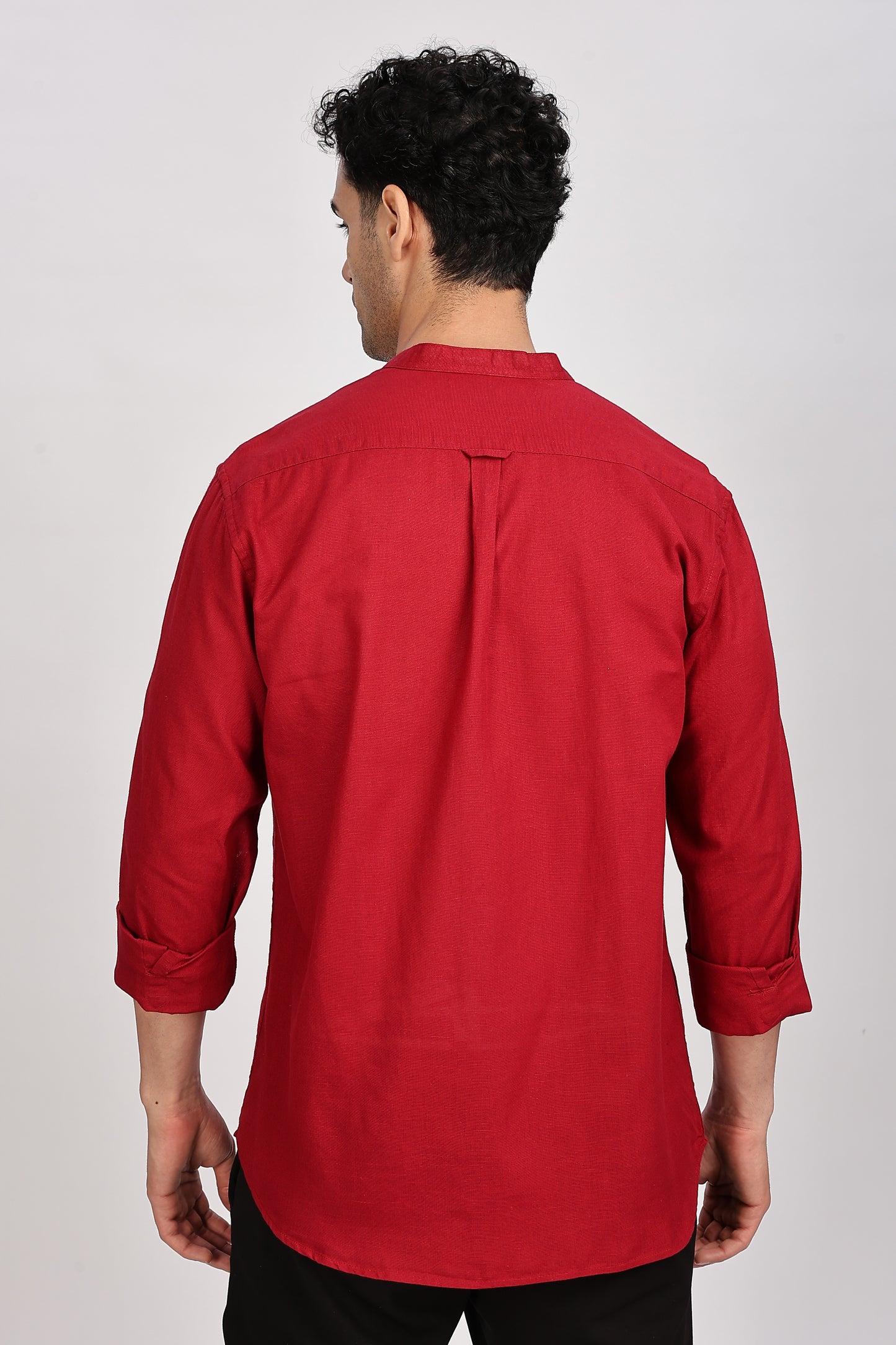Red Mandarin Collar Linen Shirt