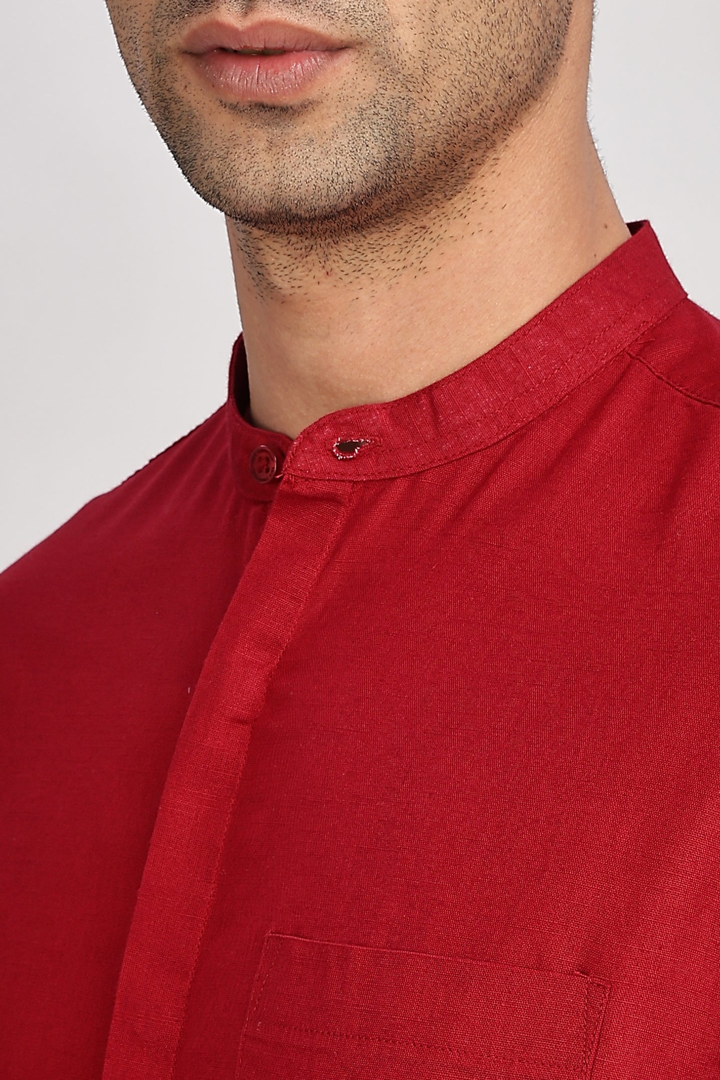 Red Mandarin Collar Linen Shirt